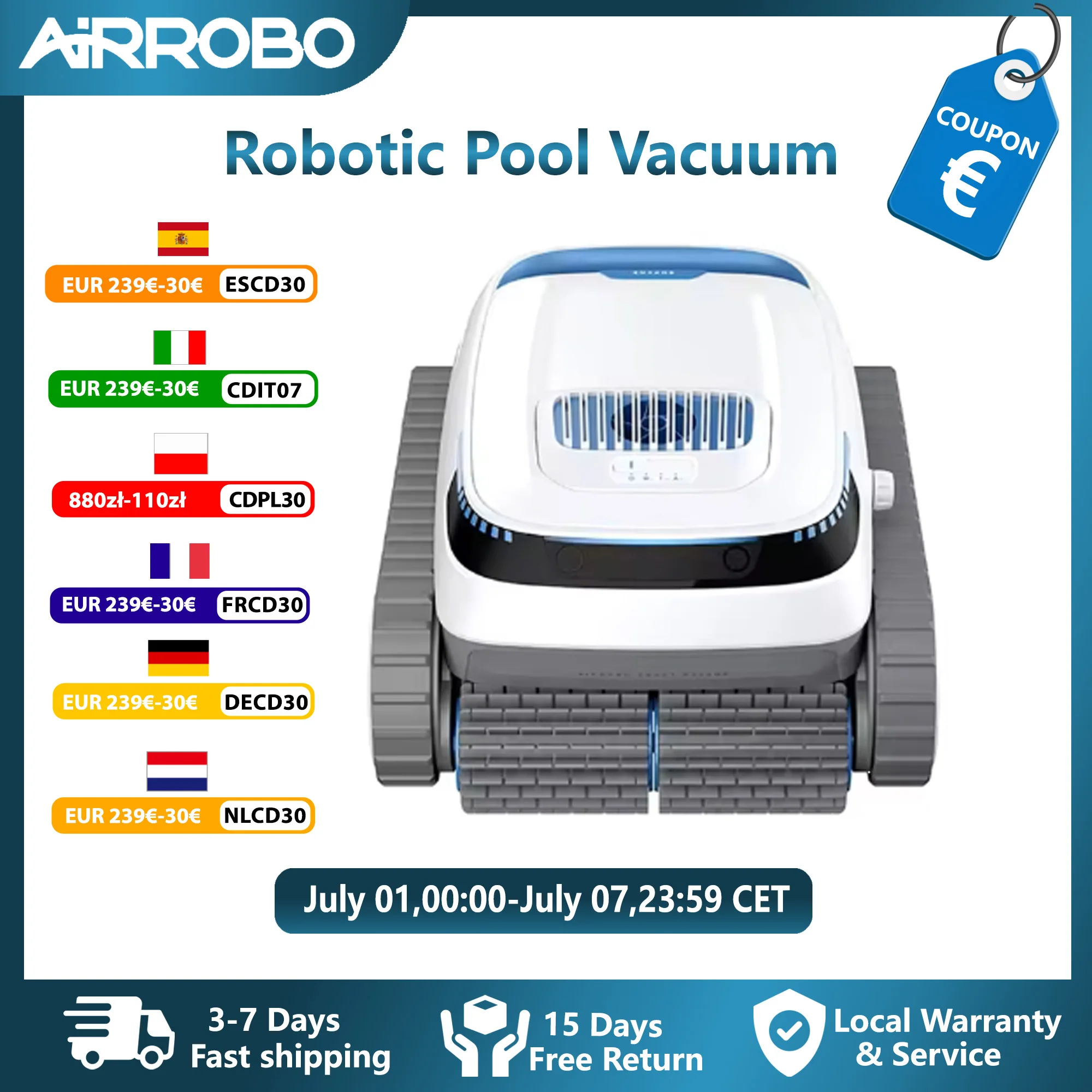 Robot nettoyeur de piscine AIRROBO PC10, nettoyage automatique sans fil des parois et du sol, planification de la route, sélection du mode de nettoyage
