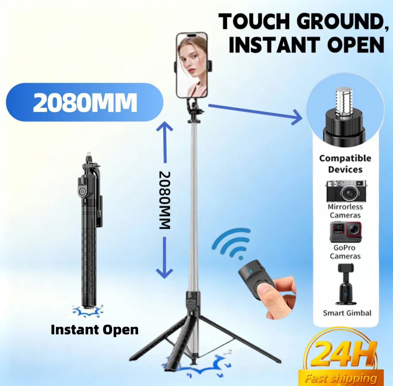 Portable Selfie Stick Tripod 2080mm One-touch Instant Open Tripod Wide Angle Phone Holder Handheld Floor Mount for Smartphone