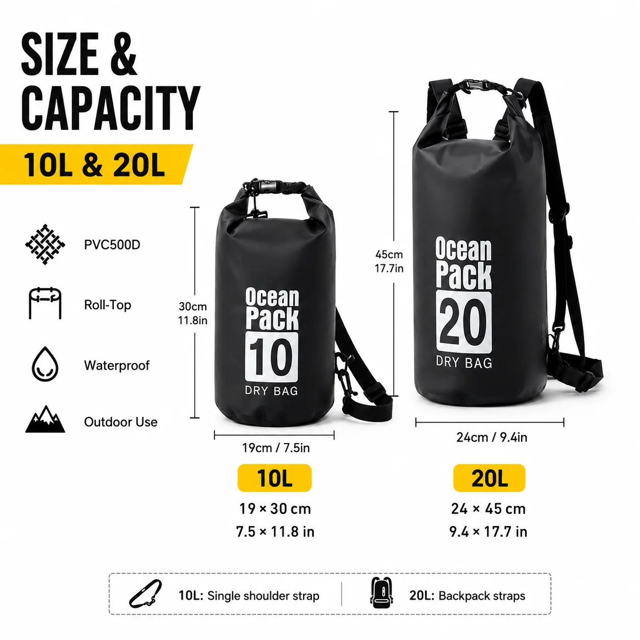 Waterproof Dry Bag 10L/20L Roll Top Floating Gear Sack for Kayaking Boating Camping Outdoor Sports