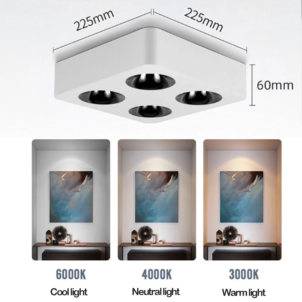 Led Surface Mounted Spotlight 7W 10W 12W Ultra-thin Four-head Square Focusing Ceiling Downlight for Living Room Bedroom Lighting