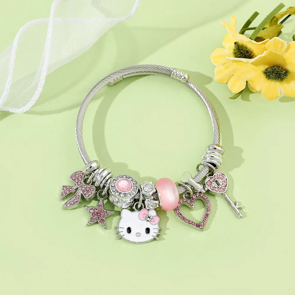 Anime Sanrio Hello Kitty Bracelet Cute Cartoon Figure Kitty Cat Metal Badge Pendant Rhinestone Bangle Kawaii Jewelr Accessories