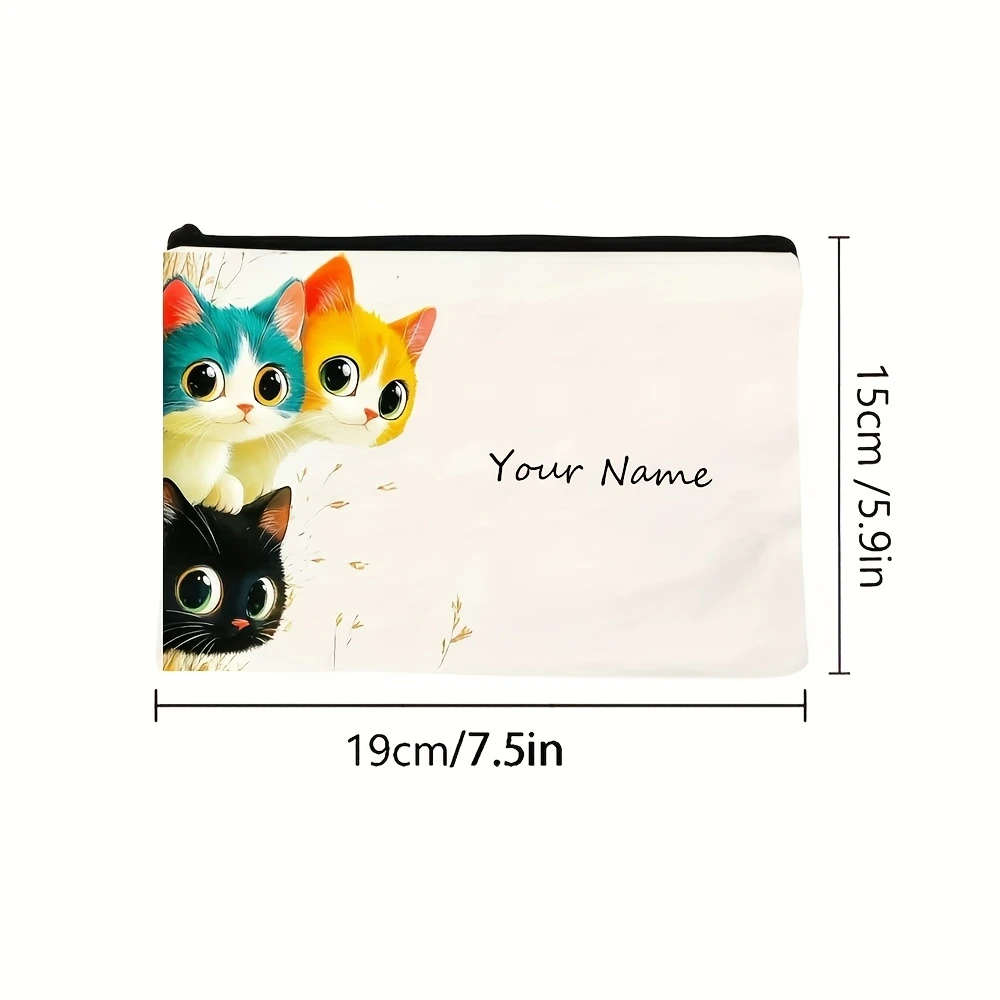 Personalized Floral Cat Cosmetic Bag Custom Name Minimalist Zipper Foldable Washable Multi-scene Daily Organizer for Ladies