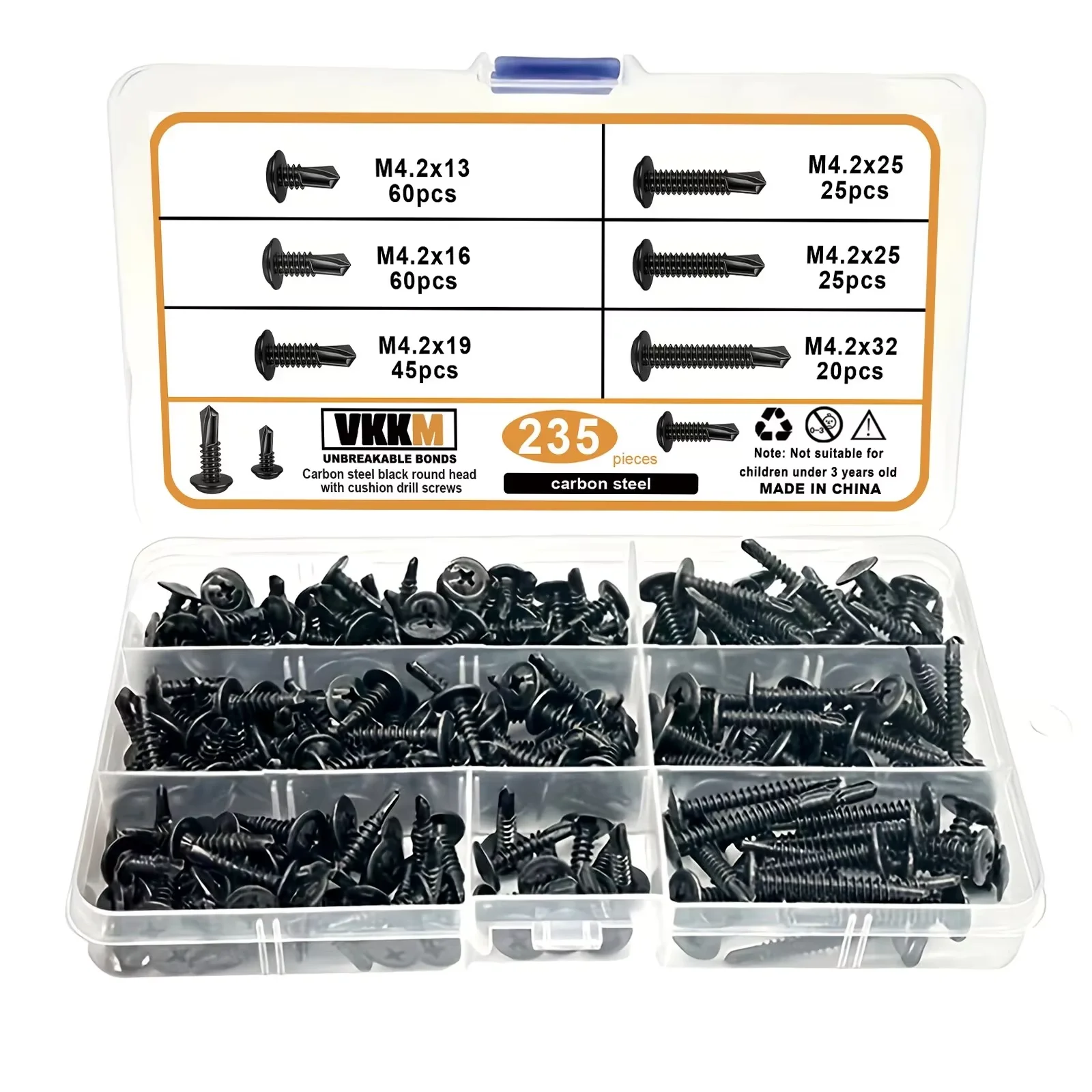 VKKM 235Pcs M4.2 Black Round Washer Head Self Drilling Screws Assortment Kit, Carbon Steel Phillips Drilling Point Self-Tapping Screws for Aluminum Sheet, Wood Chipboard, PC Board Installation