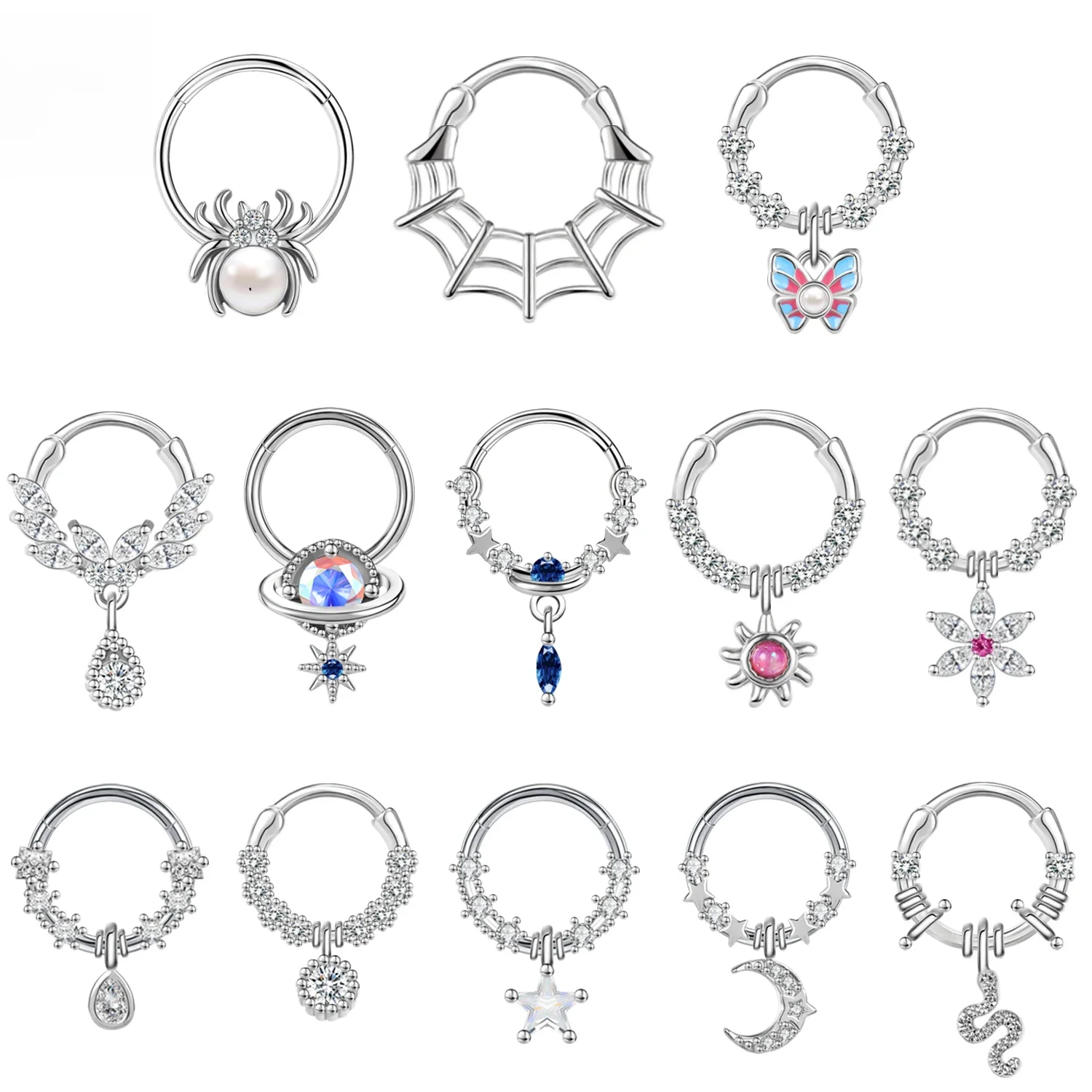 ZS 1PC Butterfly Spike Septum Nose Clicker Copper Crystal Nose Rings Stainless Steel Cartilage Earring Helix Tragus Piercing 16G — zdjęcie 2