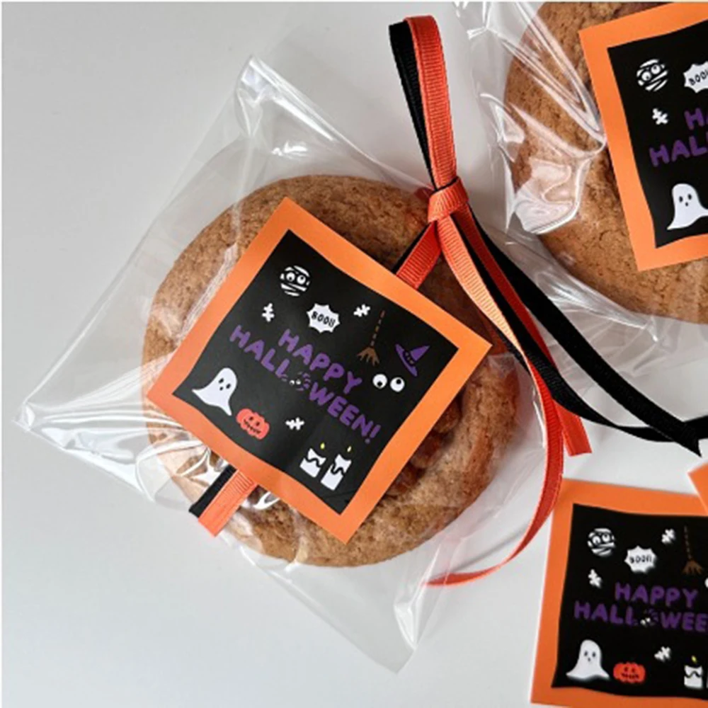 Happy Halloween Party Treat Bag Stickers And Black Orange Ribbons - School Halloween Favor Trick Or Treat - Set of 48