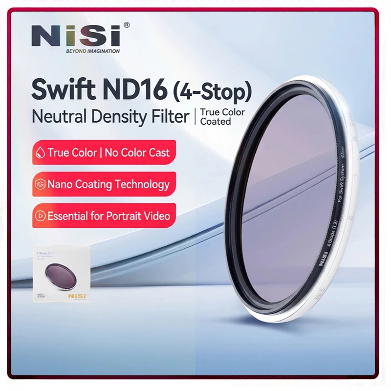 NiSi Swift ND16 4‑Stop Neutral Density Filter True Color No Color Cast Nano Coating for Portrait Video Shooting