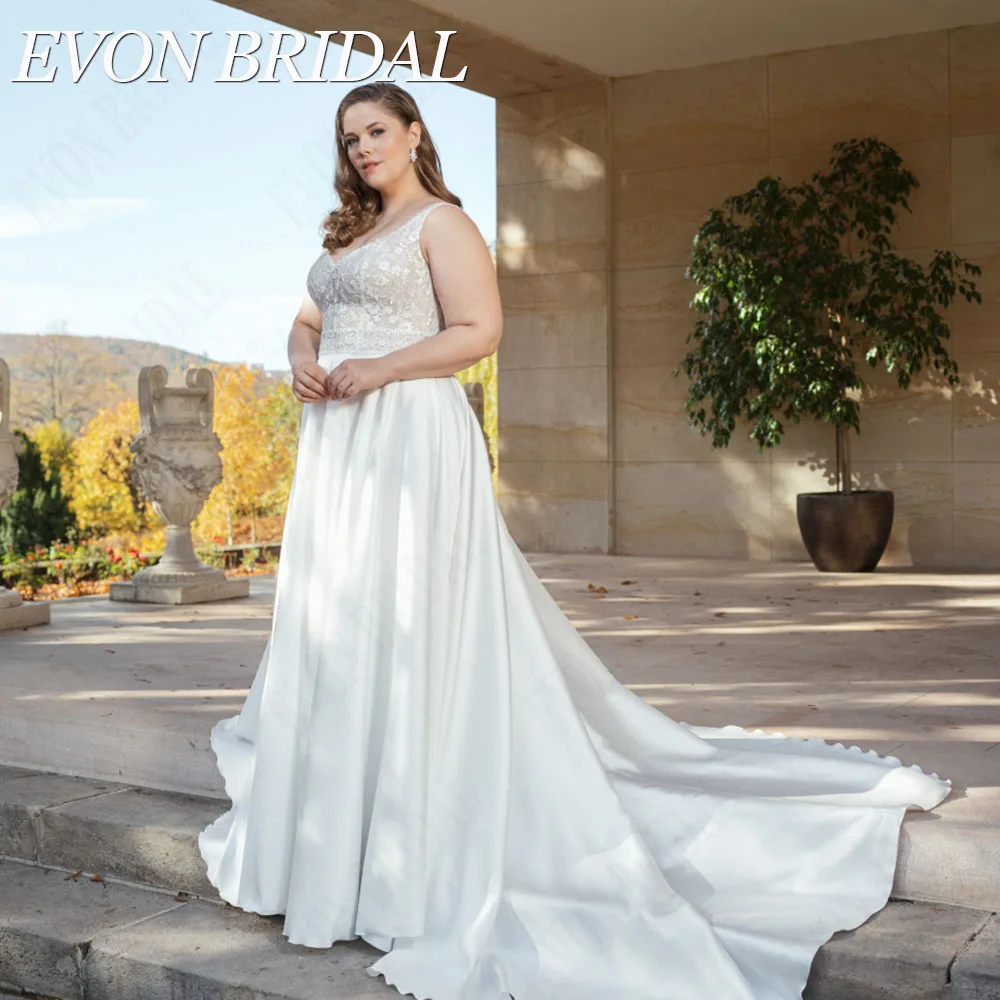 EVON BRIDAL Vintage Spaghetti Träger Brautkleid Plus Größe V-AusschnitEvon Braut Vintage Spaghetti träger Brautkleid plus Größe V-Ausschnitt Satin A-Linie Vestidos Novias Boda Brautkleid Applikation benutzer definierte