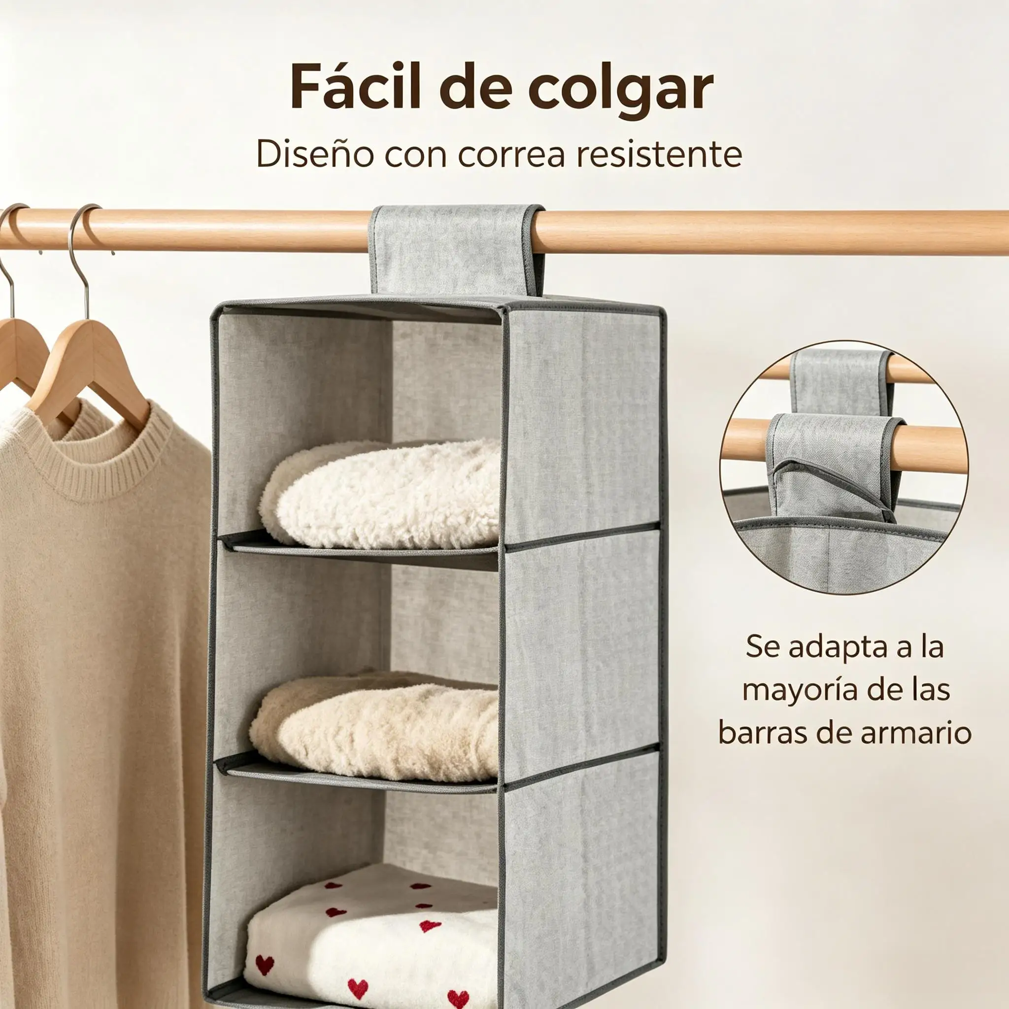 Organisateur de placard suspendu 3 étagères 30x30x60cm en tissu non-tissé respirant gris pliable sans installation avec sangle supérieure adaptable aux tringles à vêtements rangement vertical gain de place pour sous-vêtements, serviettes, foulards, lingerie léger et durable