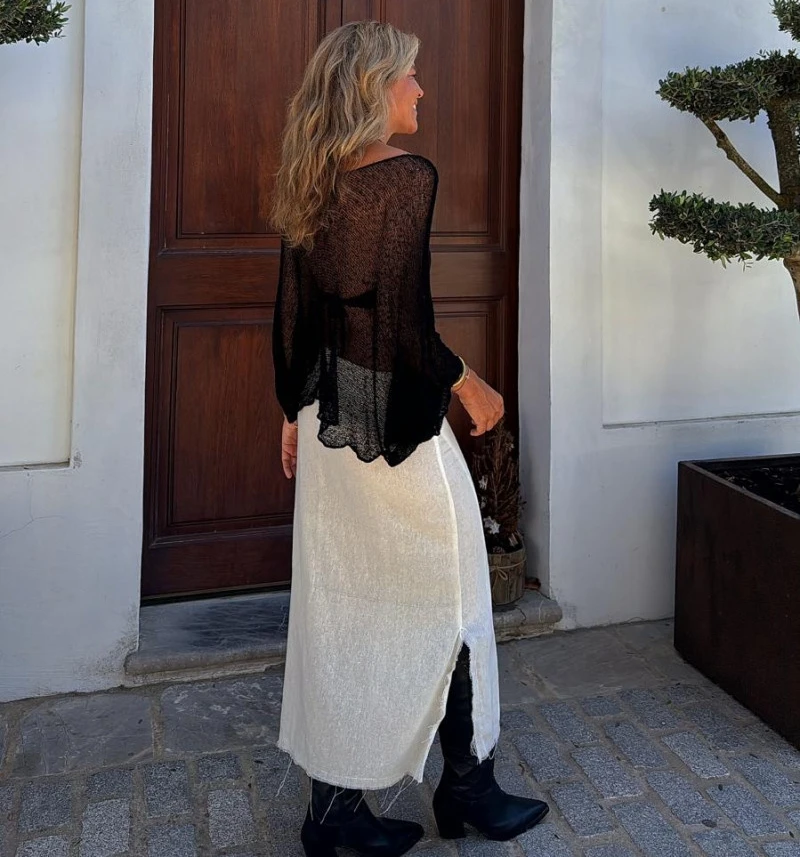 Blusa de punto transparente de manga larga para mujer, Top Sexy de ganchillo transparente para cubrir Bikini, chal protector solar, capa, traje de baño, suéter fino