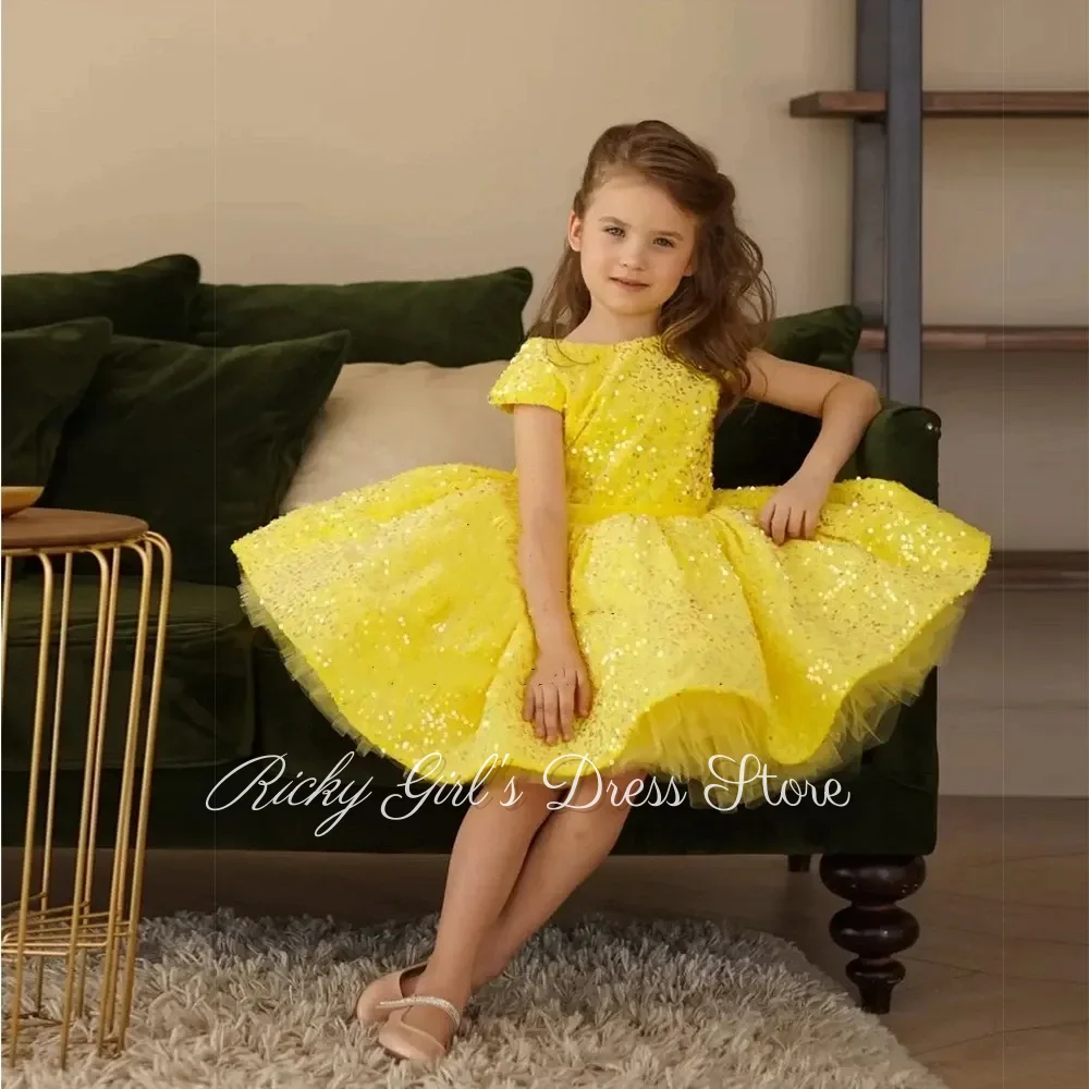 Children's Princess Flower Girl Dress Sequin Yellow Sparkling Knee Length Show Hostess Dress Infant Toddler Fashionable Gown