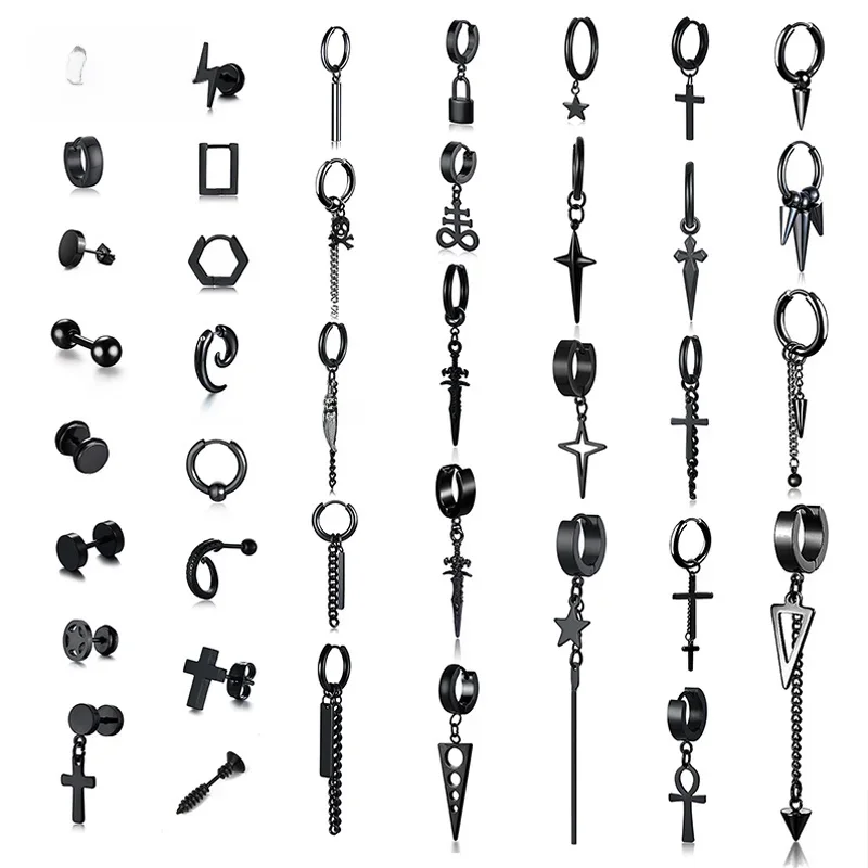 Vnox 1 pièce gothique Punk boucles d'oreilles pour hommes femmes, noir en acier inoxydable Huggie Hoops oreille bijoux, croix géométrique pendante