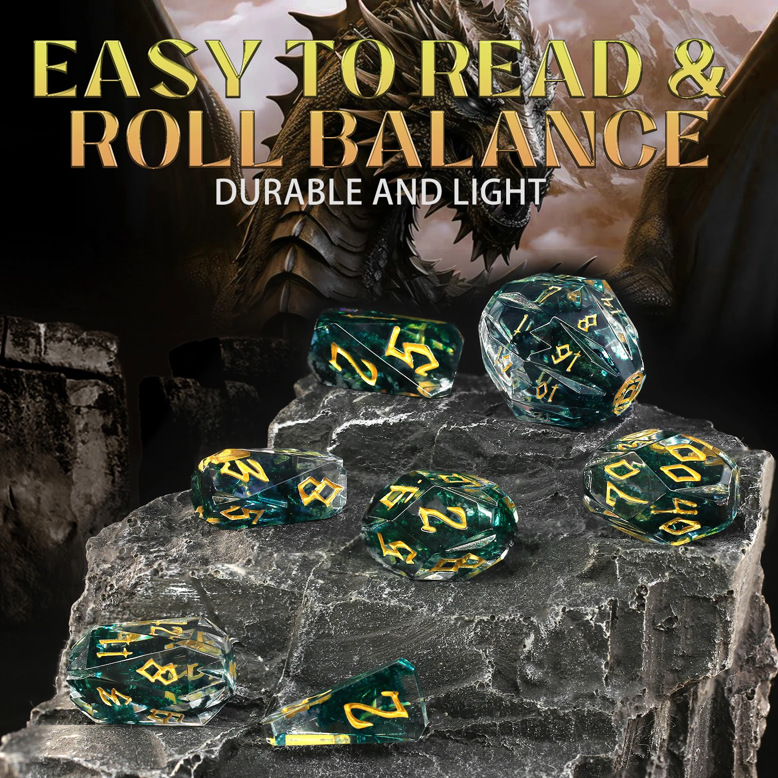 Resin Dice Set, Dungeons and Dragons DND Dice with Box Polyhedral DND Dice Set 7 Piece Role Playing RPG Table Game