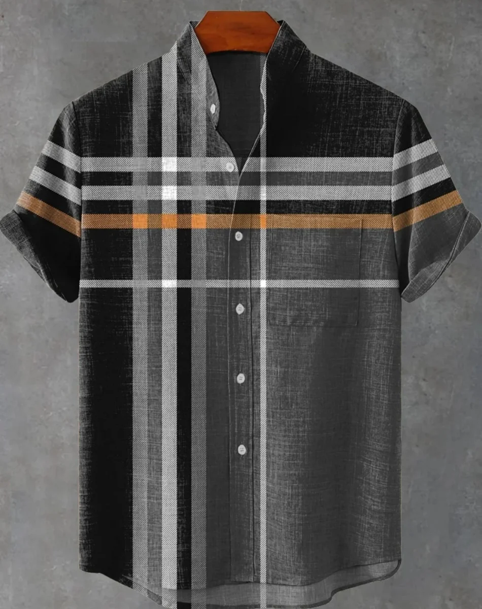 男性用リネンカジュアルシャツ、ボタン付きトップ、半袖、プリント柄、フェスティバルスタイル、ヴィンテージスタイル