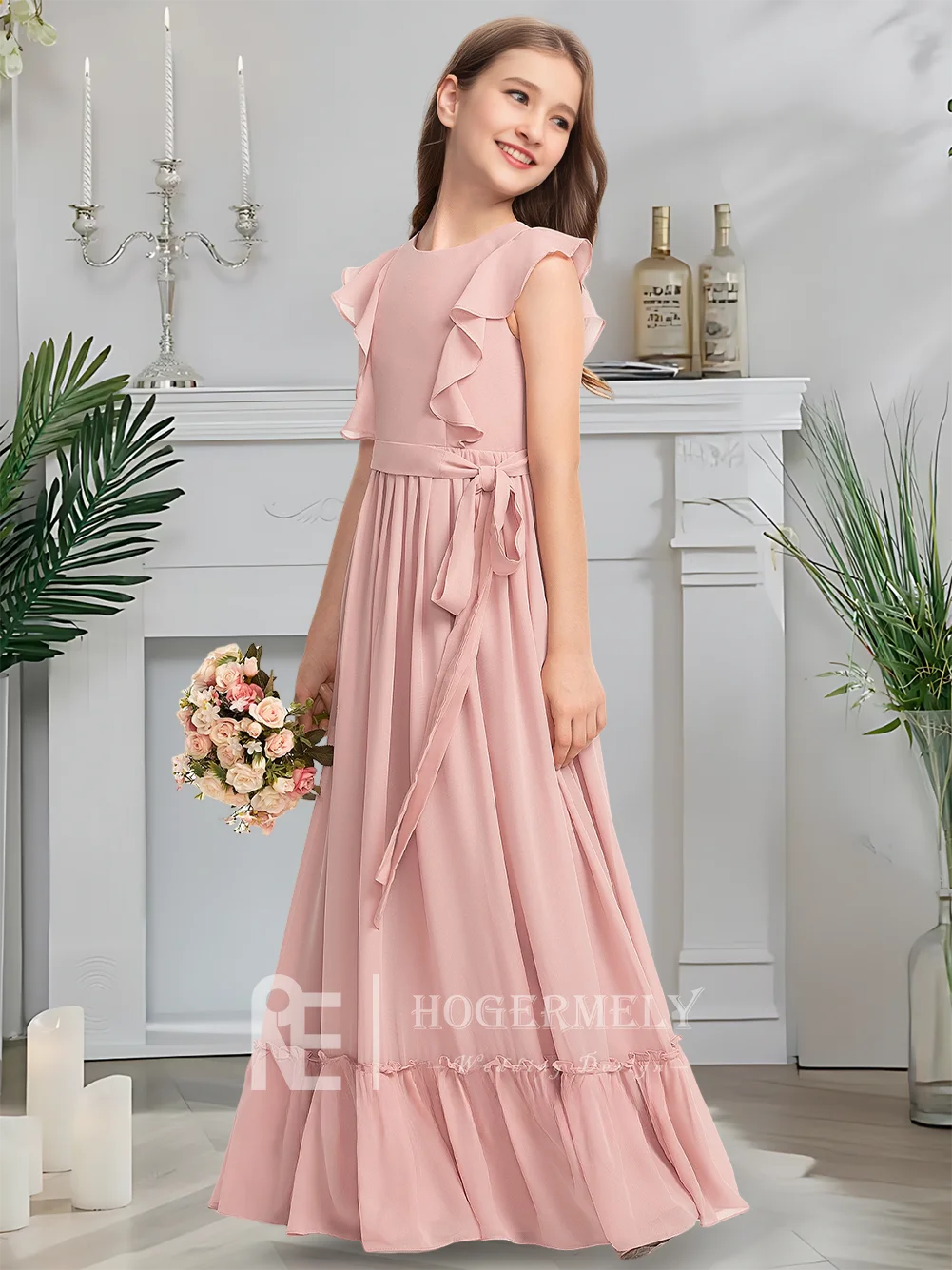 Роскошное платье подружки невесты с круглым вырезом, румяное платье с цветочным узором для девочек, шифоновое платье длиной до пола с каскадным бантом и оборками на свадьбу
