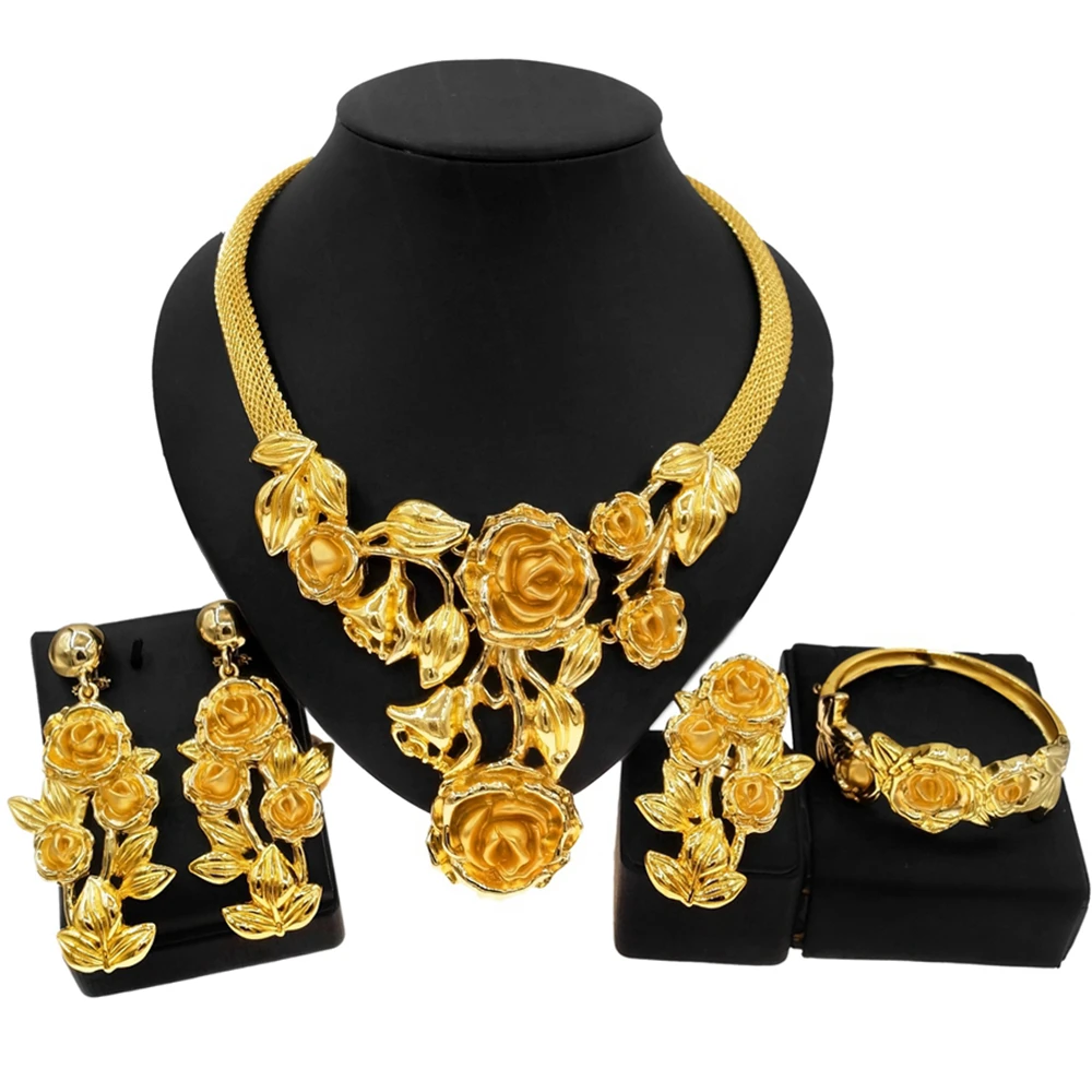 Women Necklace Jewelry Set Rose Flower Ring Delicate Gold Plated Imitation Gold Pendant Rose Earrings Ring Gift Party Jewelry