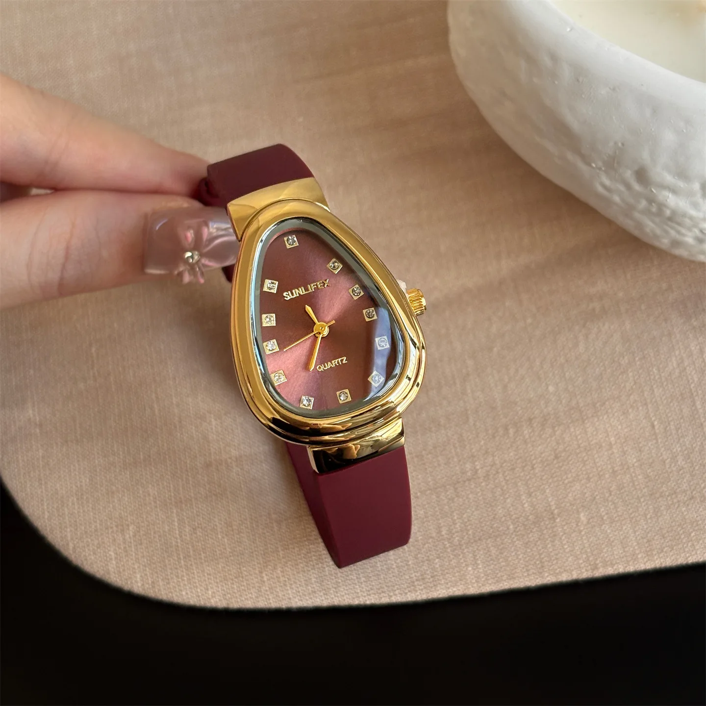 KAIRIS Women's Teardrop Quartz Watch Luxury Gold Case Burgundy Leather Strap Fashion Elegant Ladies Wristwatch