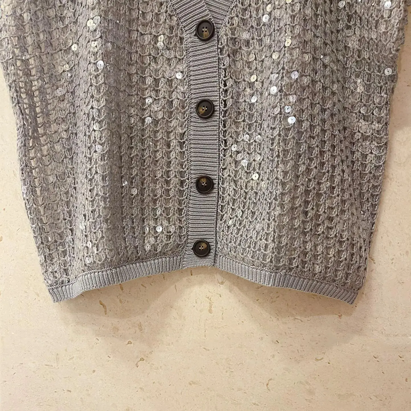 Elegant sequined crocheted sleeveless jute-cotton cardigan