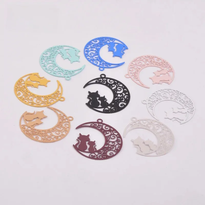 LIPPO 50pcs AC6189 laiton filigrane lune et chat breloques chats noirs pendentifs connecteurs fermoirs pour fabrication bijoux 3