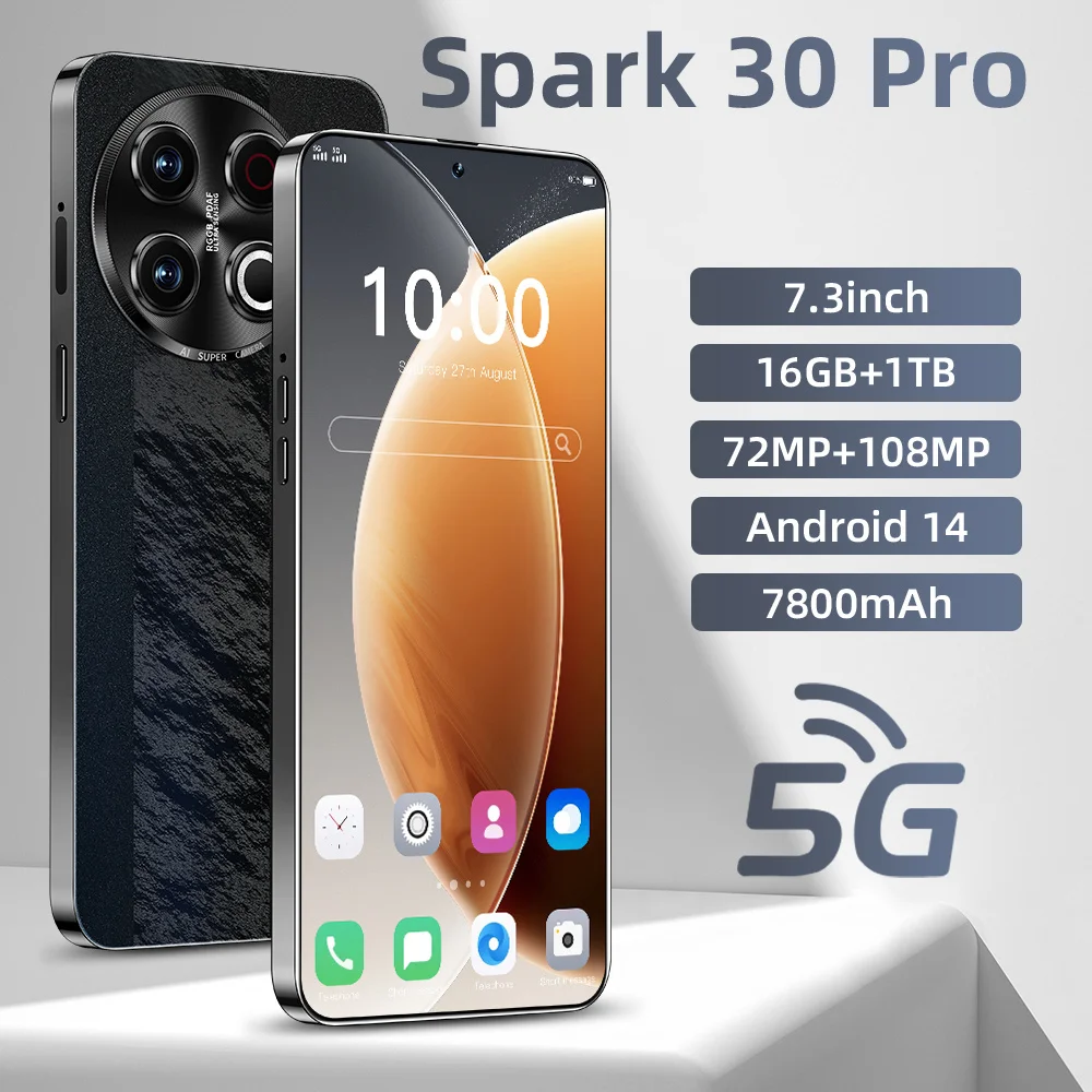 

Global version Mobile Phones Spark 30 Pro 5G Smartphone Original 7.3inch HD 22G+2T 108MP Camera 7800mAh Battery Dual SIM Unlocke