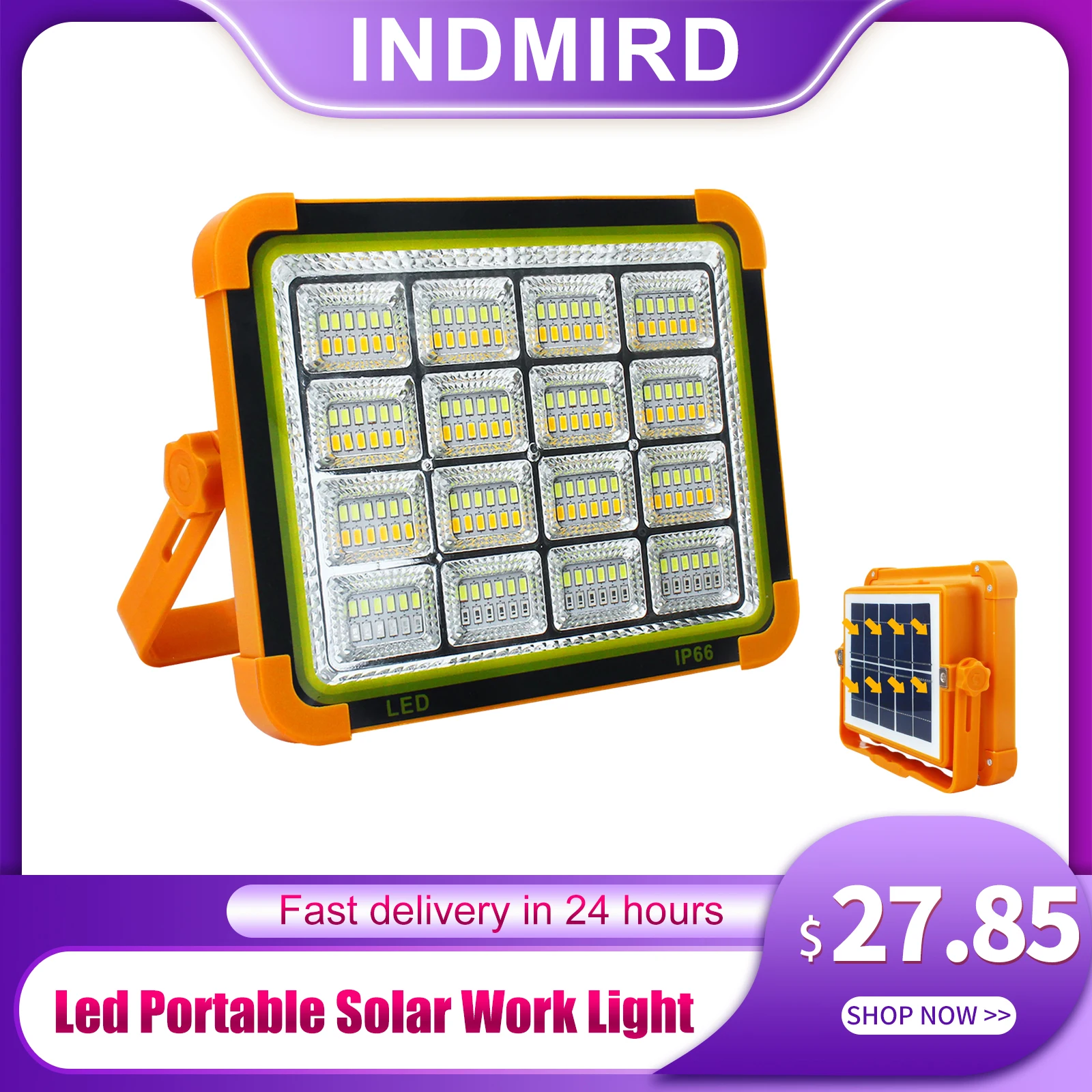 Indmird Led Portable Solar Work Light,100W 10000LM Battery Rechargeable Emergency Worklight with 4 Light Modes Flood Light