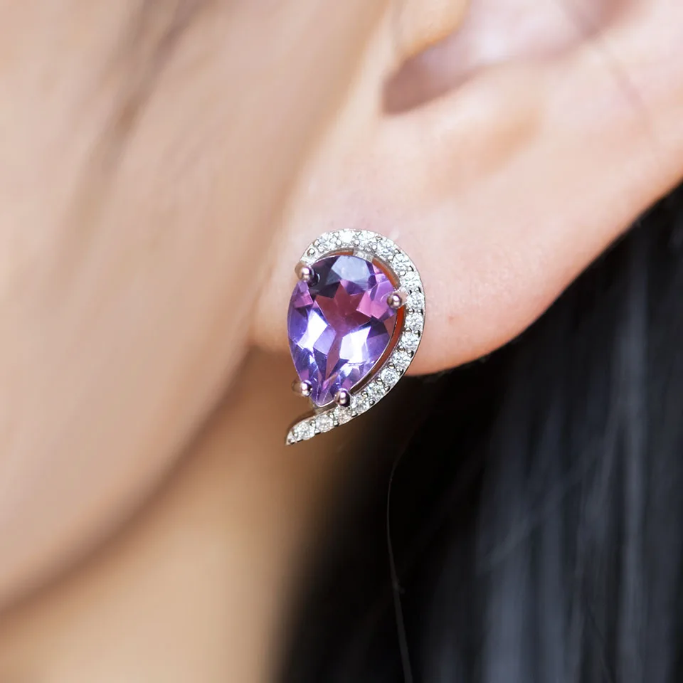 

925 Sterling Silver Natural Amethyst Pear Stud Earrings, 10x7mm, My Heart, Real Gemstone Jewelry for Women & Girls, Simple