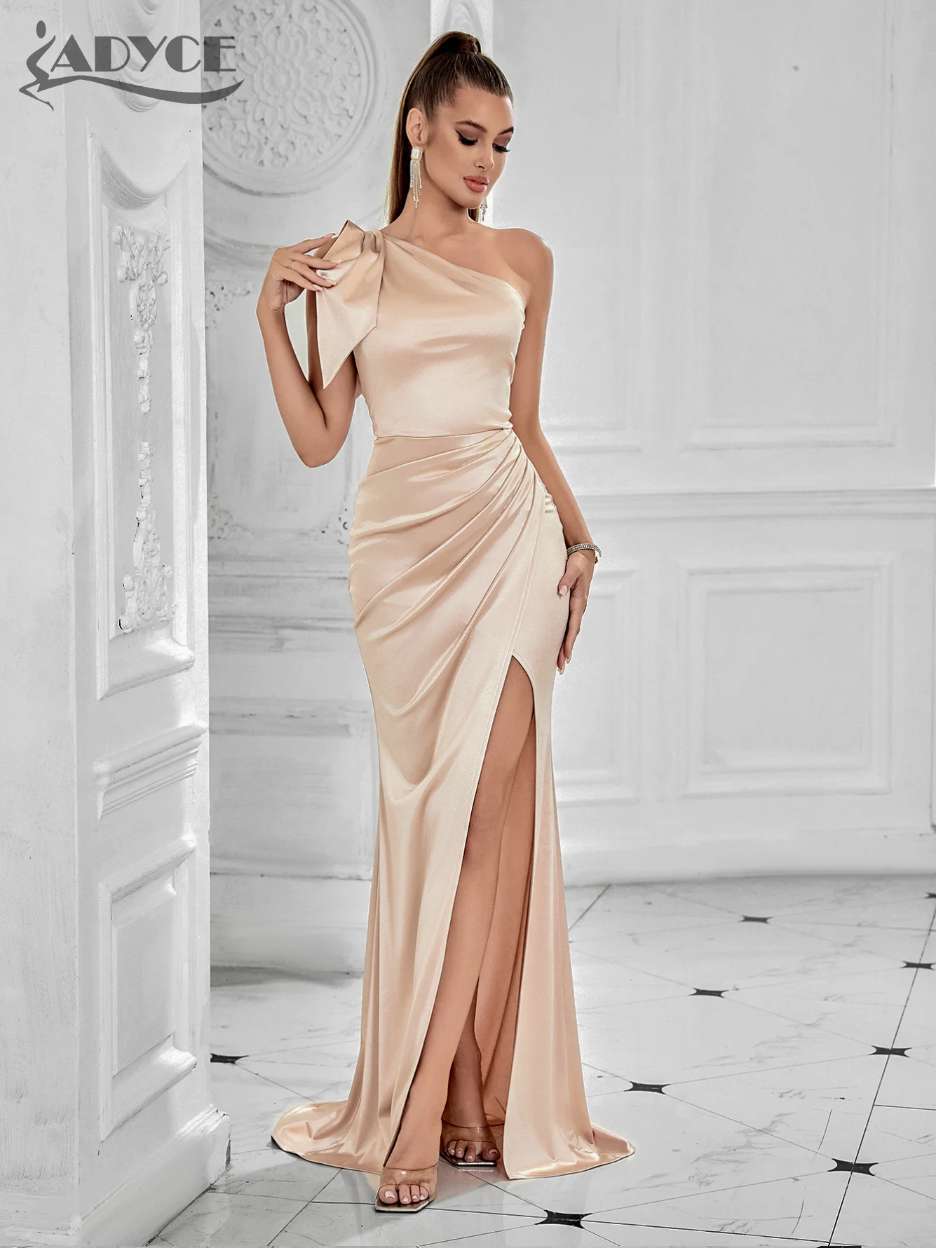 Adyce One Shoulder Elegant Women\'s High Slit Dress Sleeveless Draped Fashion Celebrity Party Female Outfits Club Sexy Dresses