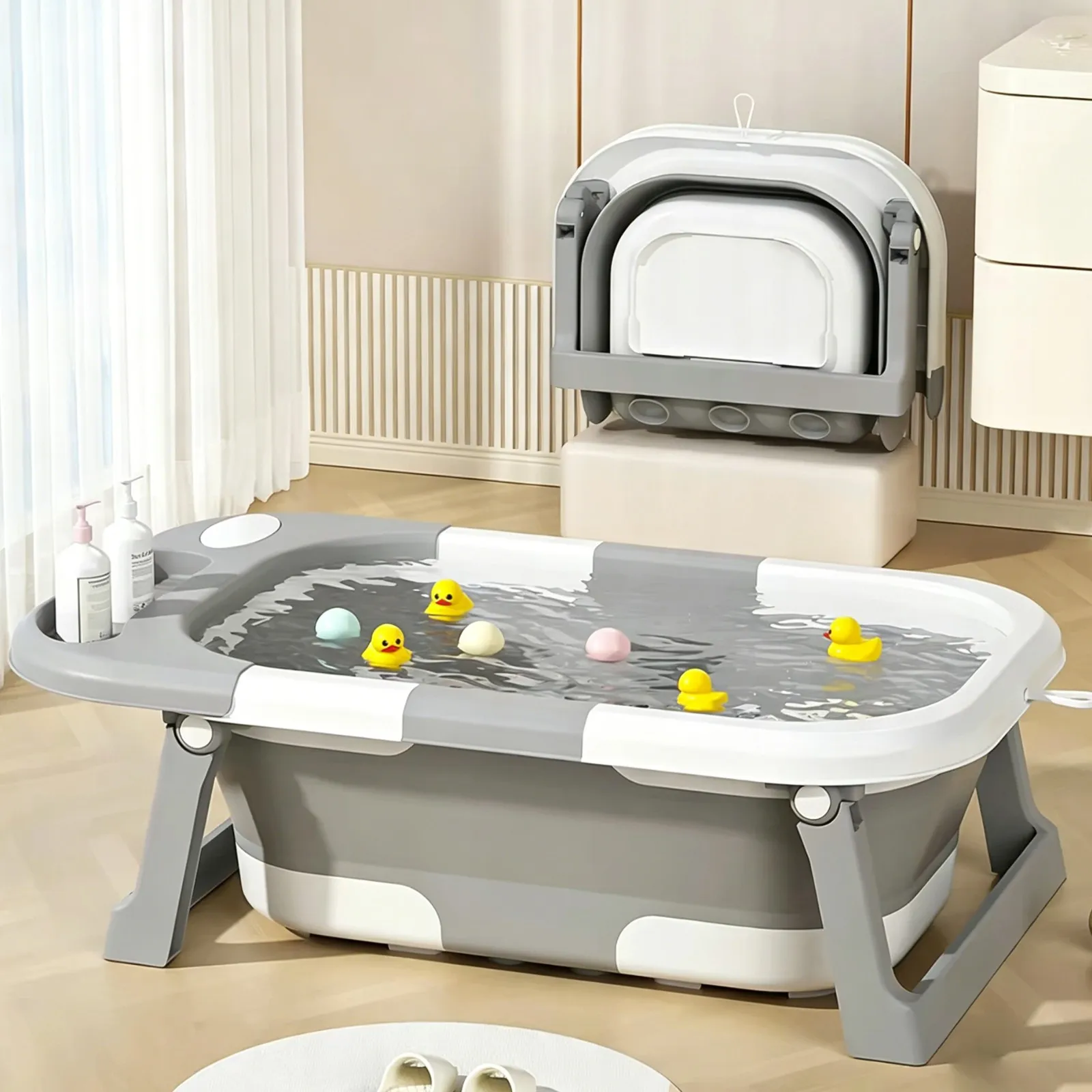 Baignoire pliable pour bébé avec thermomètre, base antidérapante, baignoire pour enfants, ceinture de sécurité, coussin flottant pour nouveau-nés