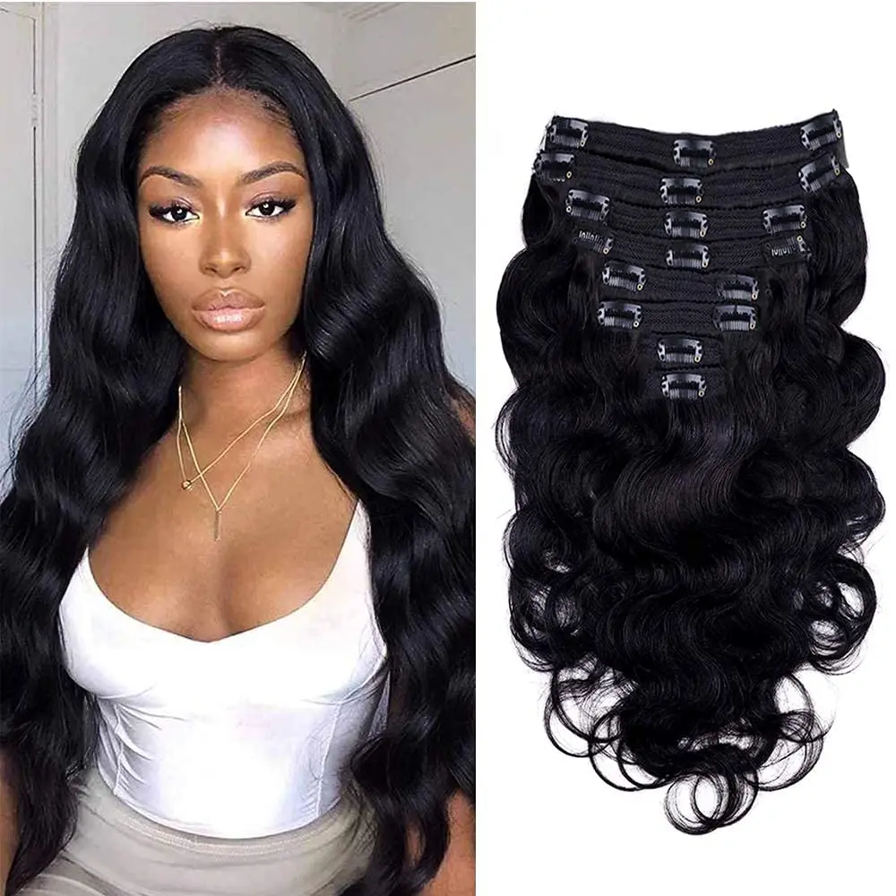 Extensions de cheveux brésiliens Body Wave à clipser, cheveux vierges, document noir naturel, tête complète, 8 pièces avec 18clips, 120 g