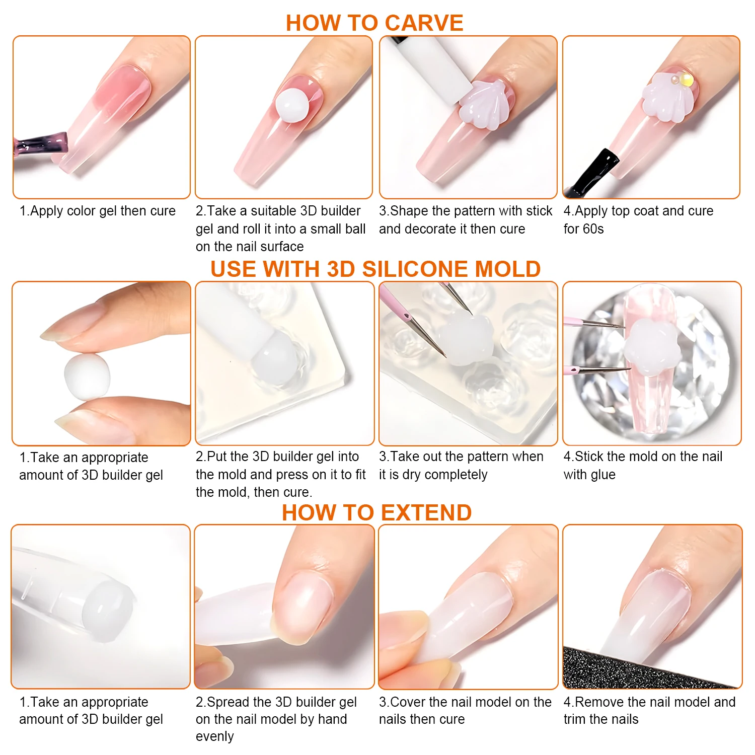 TWOING 15g Clear & White Non Stick Hand Extension Gel 3D Shaping Sculpting Carving Nail Art Solid Hard Gel for Fake Nail image 6
