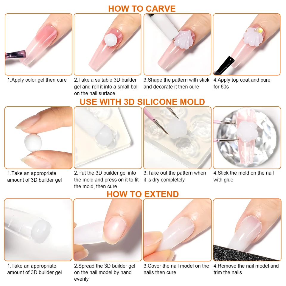 TWOING 15g Gel Duro Sólido Transparente y Blanco No Pegajoso para Uñas Postizas, Modelado 3D, Esculpido y Tallado 6