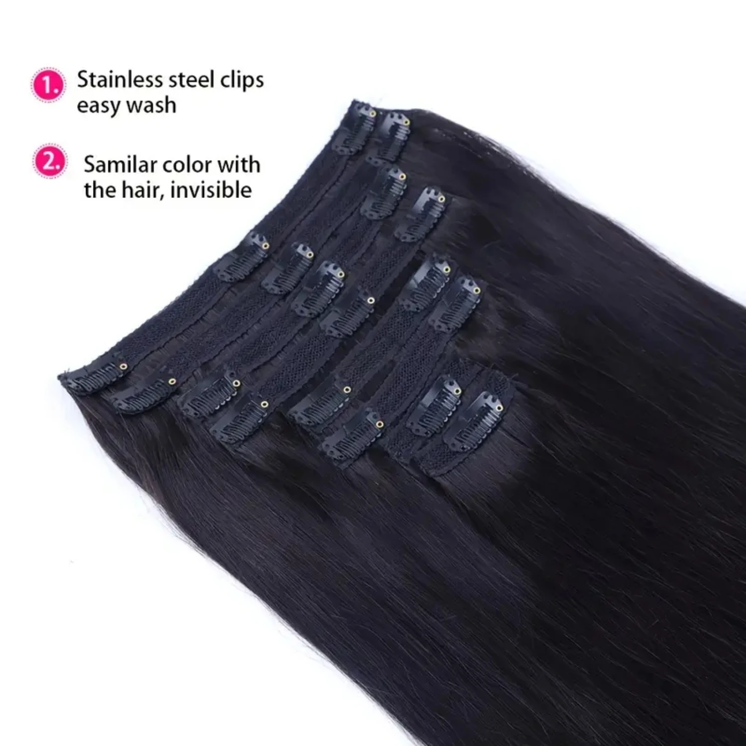 Extensiones naturales de cabello humano Real con Clip recto para mujeres negras, extensión de cabello brasileño de cabeza completa