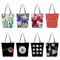 Bolso de mano de gran capacidad para mujer, bolsa de compras con estampado de flores botánicas, bolso de hombro informal para mujer