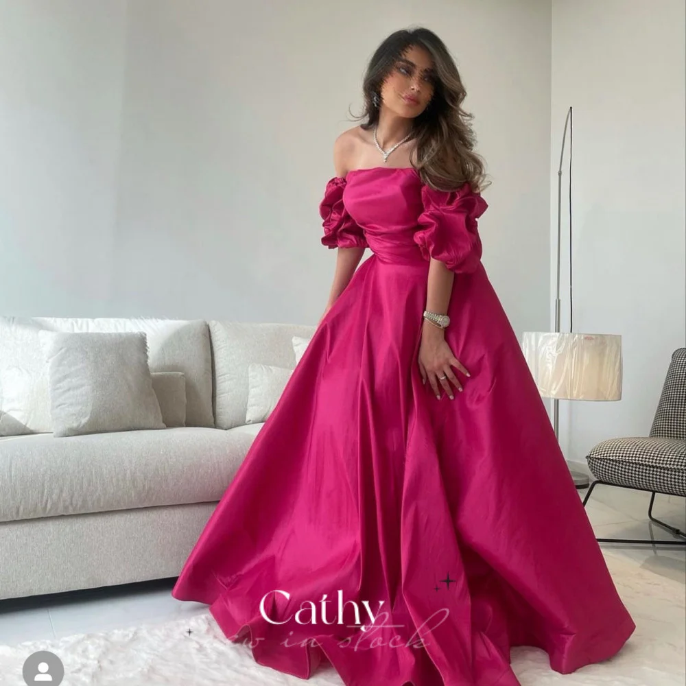 Cathy Elegant Rose Pink A-line Prom Dress Sexy Puffy Sleeve Party Dress Silk Satin Evening Dress Satin Sweep Tail فستان سهرة