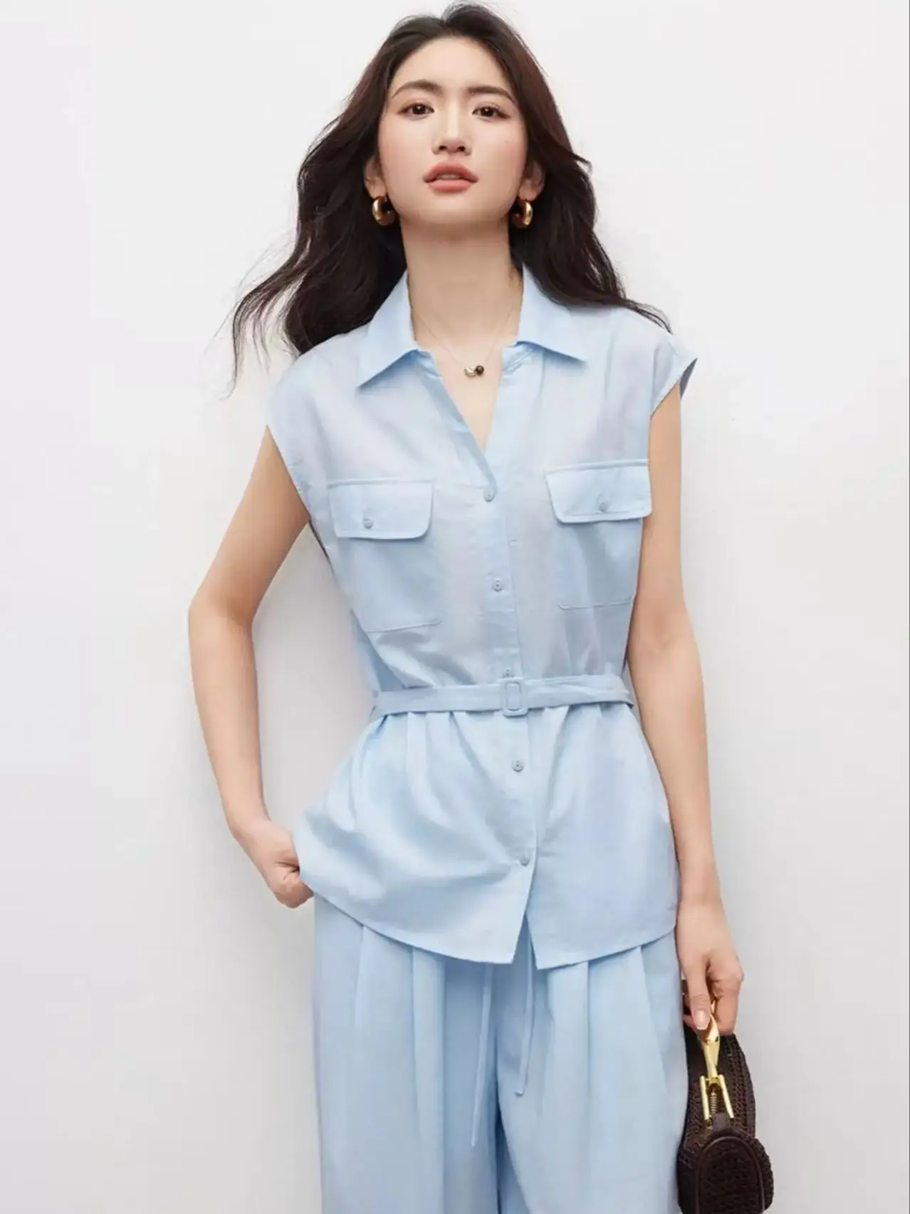

High quality linen waist-cinching shirt and wide -leg pants two-piece set