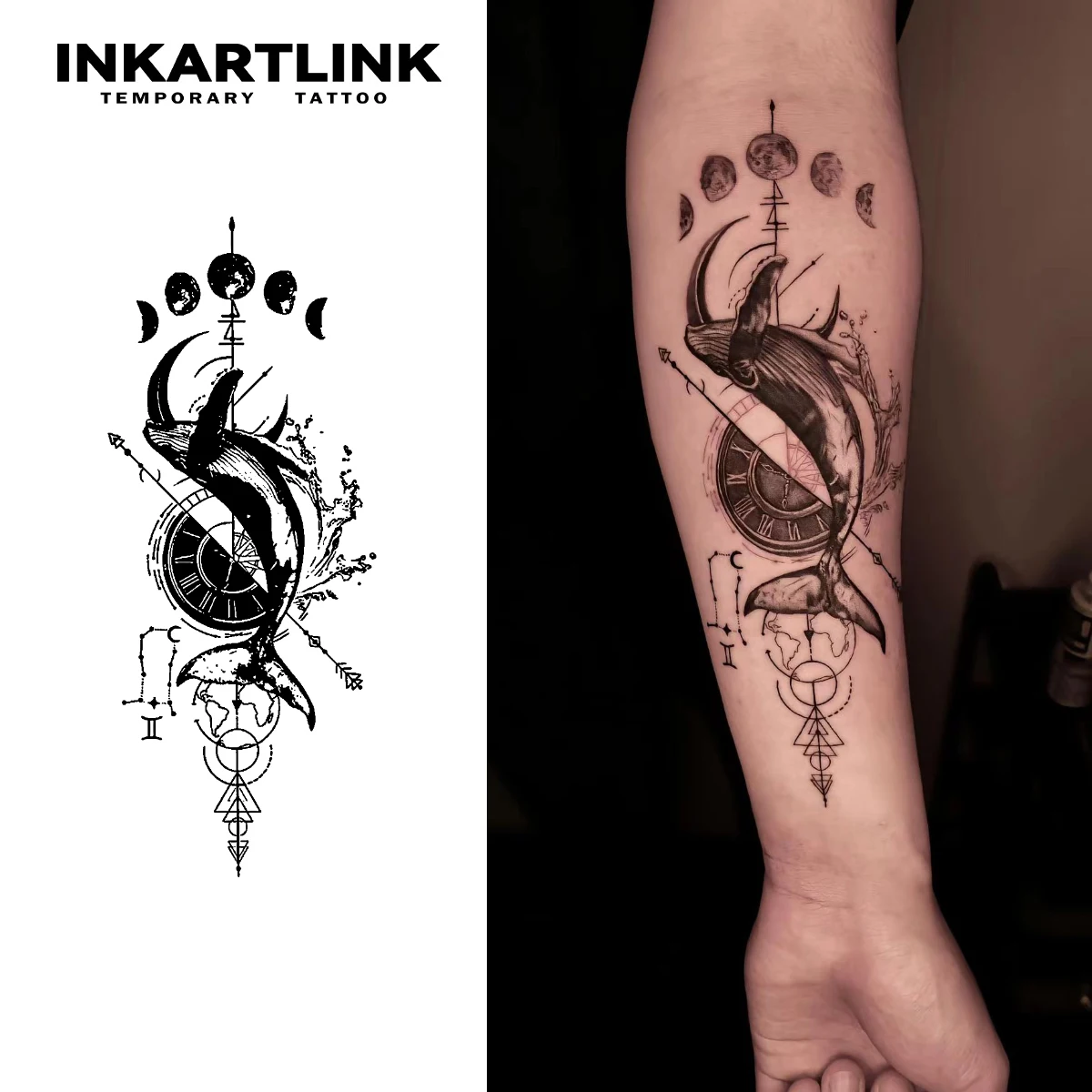 INKARTLINK Herbal Cosmic Whale Moon Phase Clock Tattoo for Celestial Art Fans, Trendy Wear & Casual Outings.