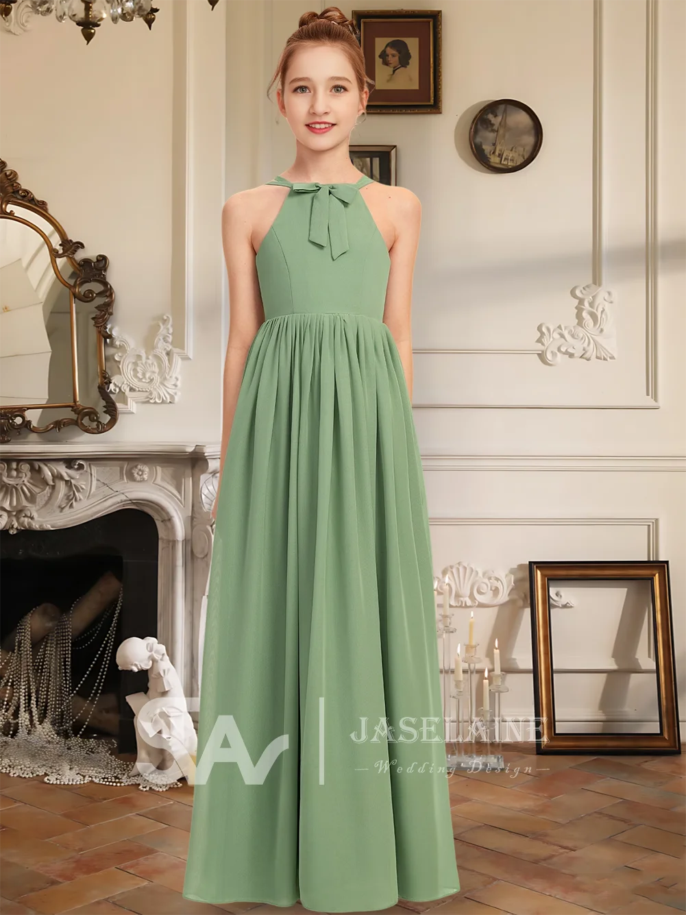 Базилик трапециевидной формы с лямкой на шее длиной до пола, шифоновое платье для подружек невесты с бантом, платье без рукавов с цветочным узором для девочек, торжественное свадебное платье