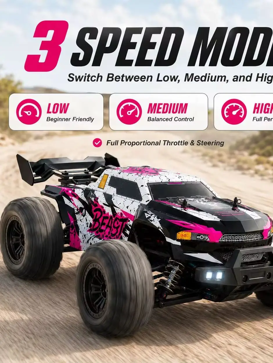 ZNLYRION Ferngesteuertes Auto RC Offroad-Monstertruck 4WD Brushless 2,4GHz 3-Gang Einstellbar mit LED-Scheinwerfern, Allterrain-Großreifen Hobby RC-Fahrzeug 2 Wiederaufladbare Batterien RTR Spielzeug