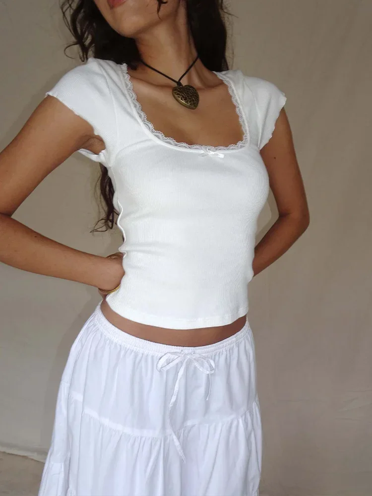 y2k Vintage Baby Tee Cottage Lace Trim Knitted T-Shirt Summer Square Neck Short Sleeve Tee Shirt Women White Milkmaid Crop Top — zdjęcie 2
