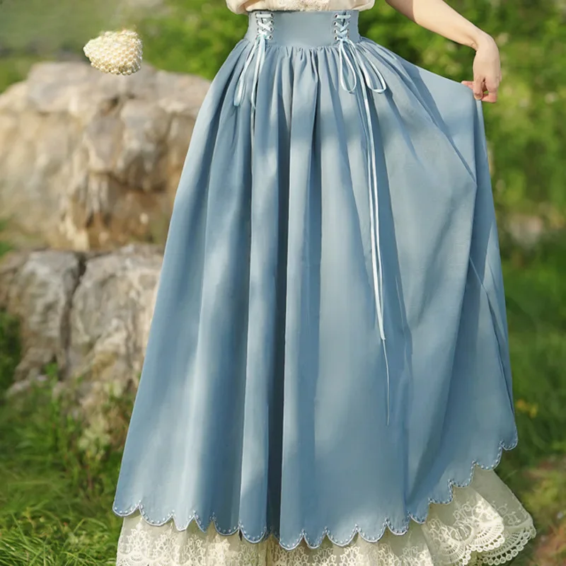 Renesansowa elegancka długa spódnica w stylu Vintage dla kobiet dwuwarstwowa z wysokim stanem, patchworkowa duża huśtawka spódnica w kształcie linii Femme sukienka Lolita — zdjęcie 2