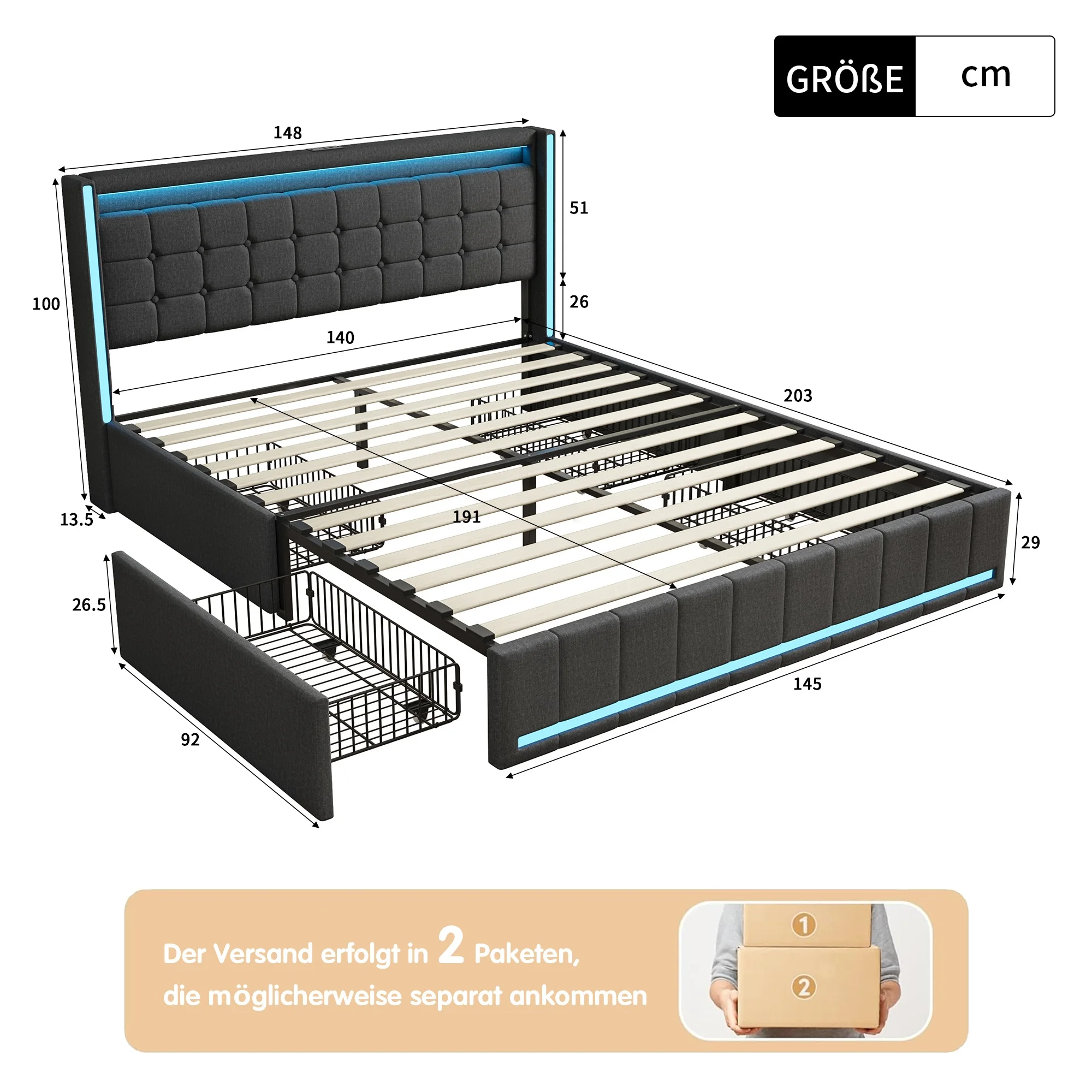 Comanlai, letto matrimoniale 140 × 190 cm, letto imbottito con 4 cassetti in metallo, letto con vano contenitore, letto per adolescenti, struttura letto per camera da letto, letto multifunzionale con