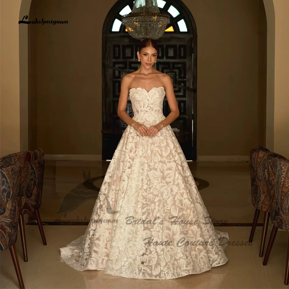Lakshmigown Luxuriöse Spitzen-Boho-Hochzeitskleider Schulterfrei 2026 Funkelnde Kirchen-Champagner-Strand-Brautkleider Vestidos Novia – Detail 3