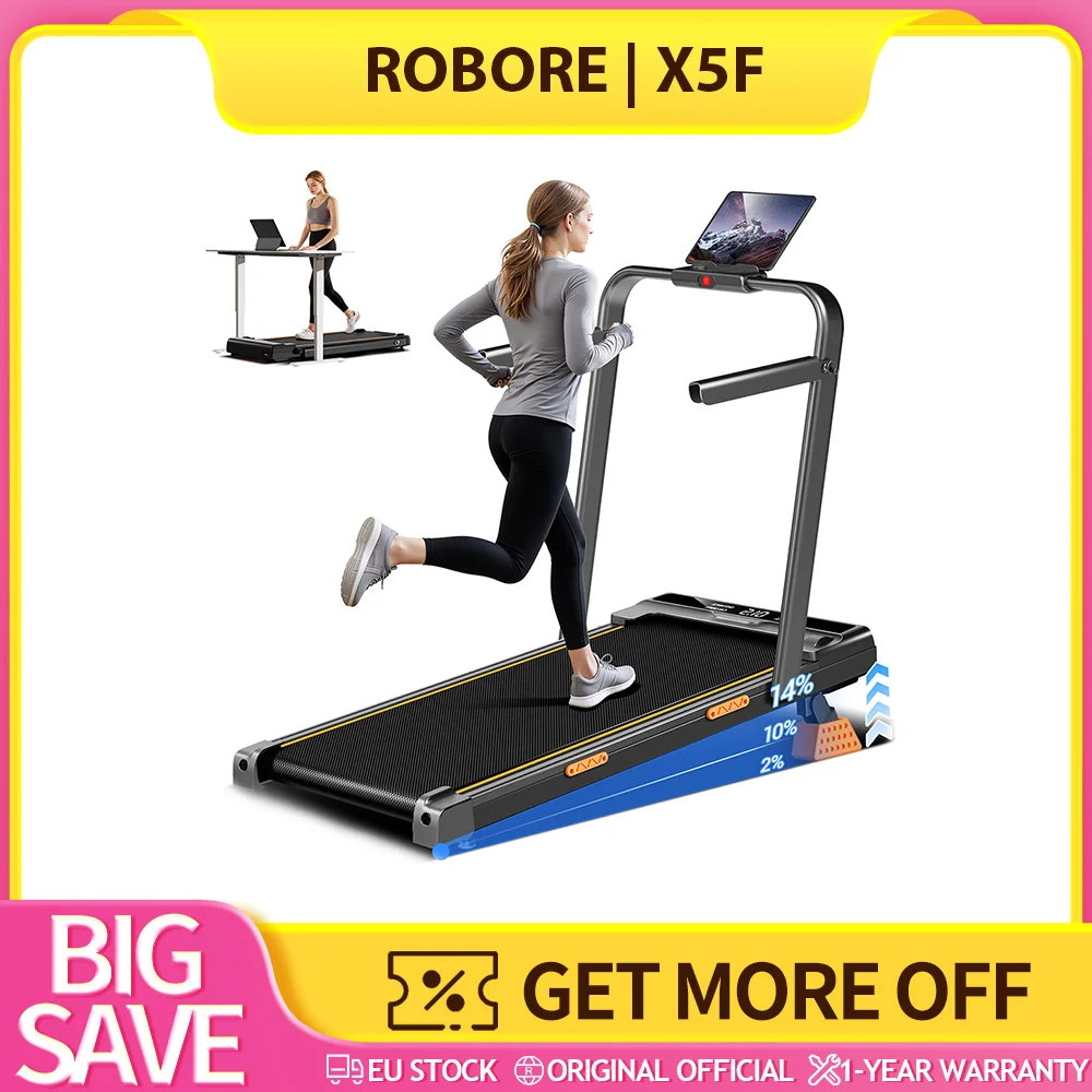 ROBORE X5F faltbares Laufband mit 14 % Neigung, 10 km/h Höchstgeschwindigkeit, 2,5 PS leiser Motor, 150 kg Last, 3-stufige Neigung, LED-Anzeige und Fernbedienung, faltbares und platzeffizientes, rutschfestes und stoßdämpfendes System, 4-in-1-Modi