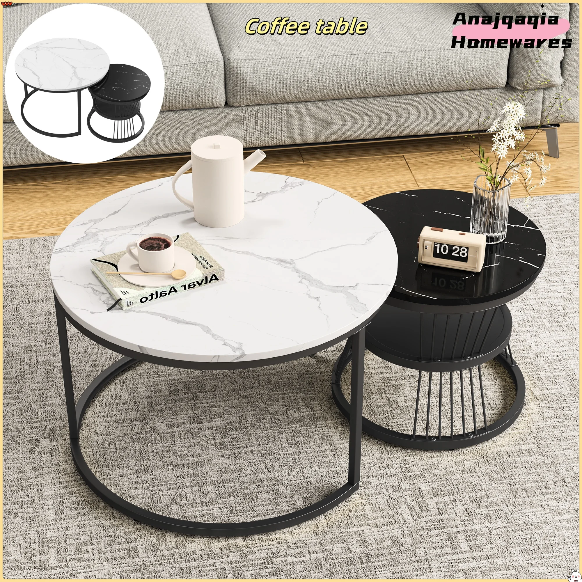 Anajqaqia Set di 2 tavolini rotondi, tavolino da divano impilabile, set tavoli da soggiorno, tavolo da soggiorno, bianco e nero