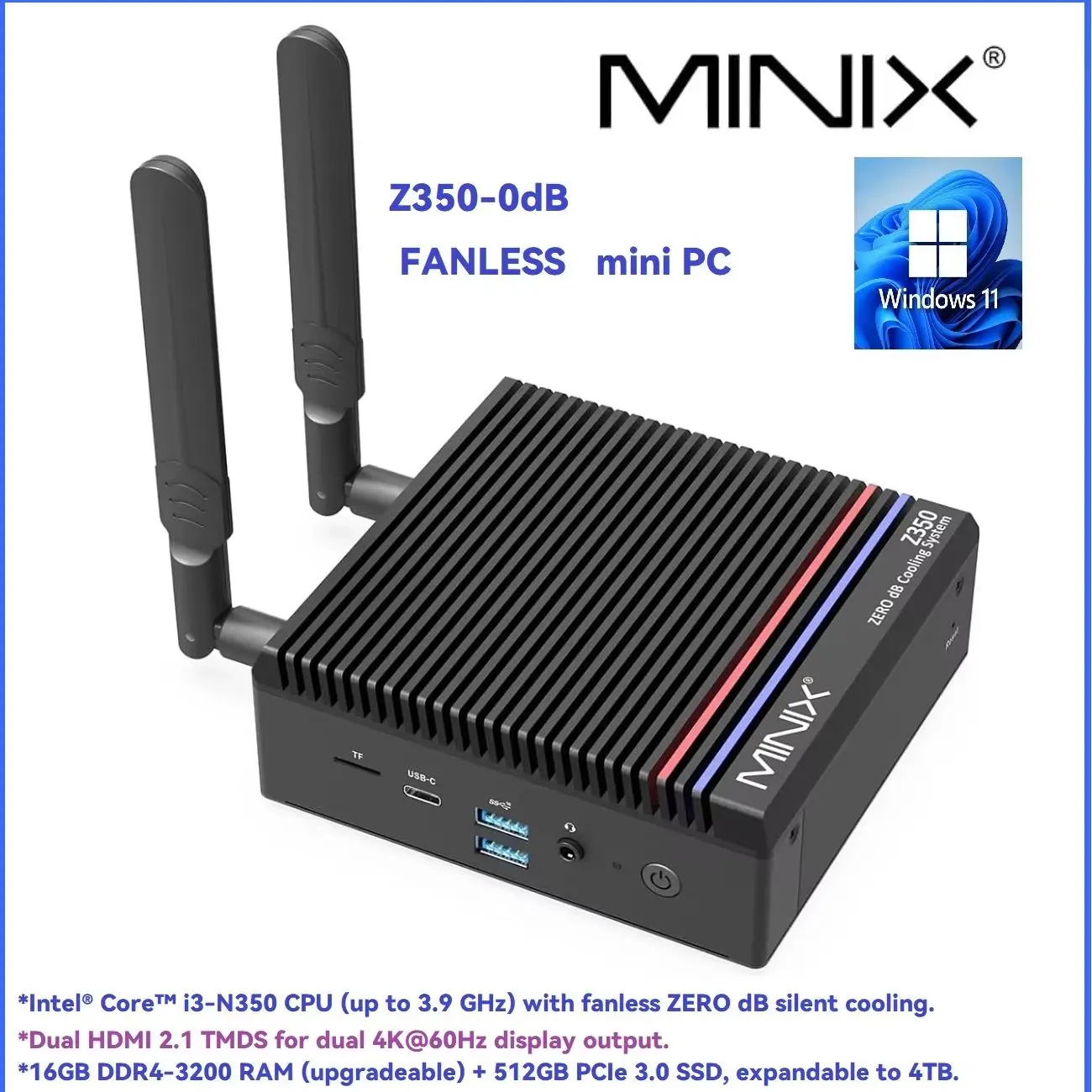 MINIX Z300-0dB Silent Mini PC i3-N300 16GB RAM 512GB SSD | Dual 4K