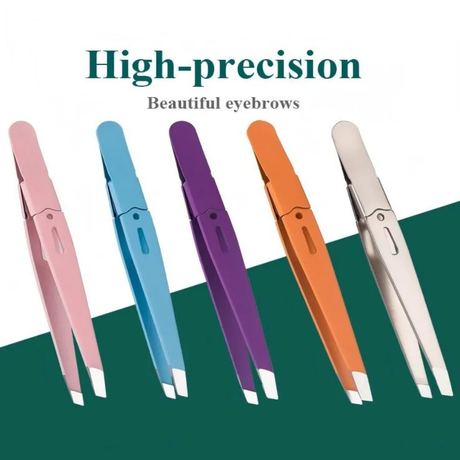 Colorful Stainless Steel Precision Eyebrow Tweezers Flat Tip Hair Removal Tweezers for Eyebrow Shaping Facial Plucking Eyelash Extension Beauty Makeup Tool