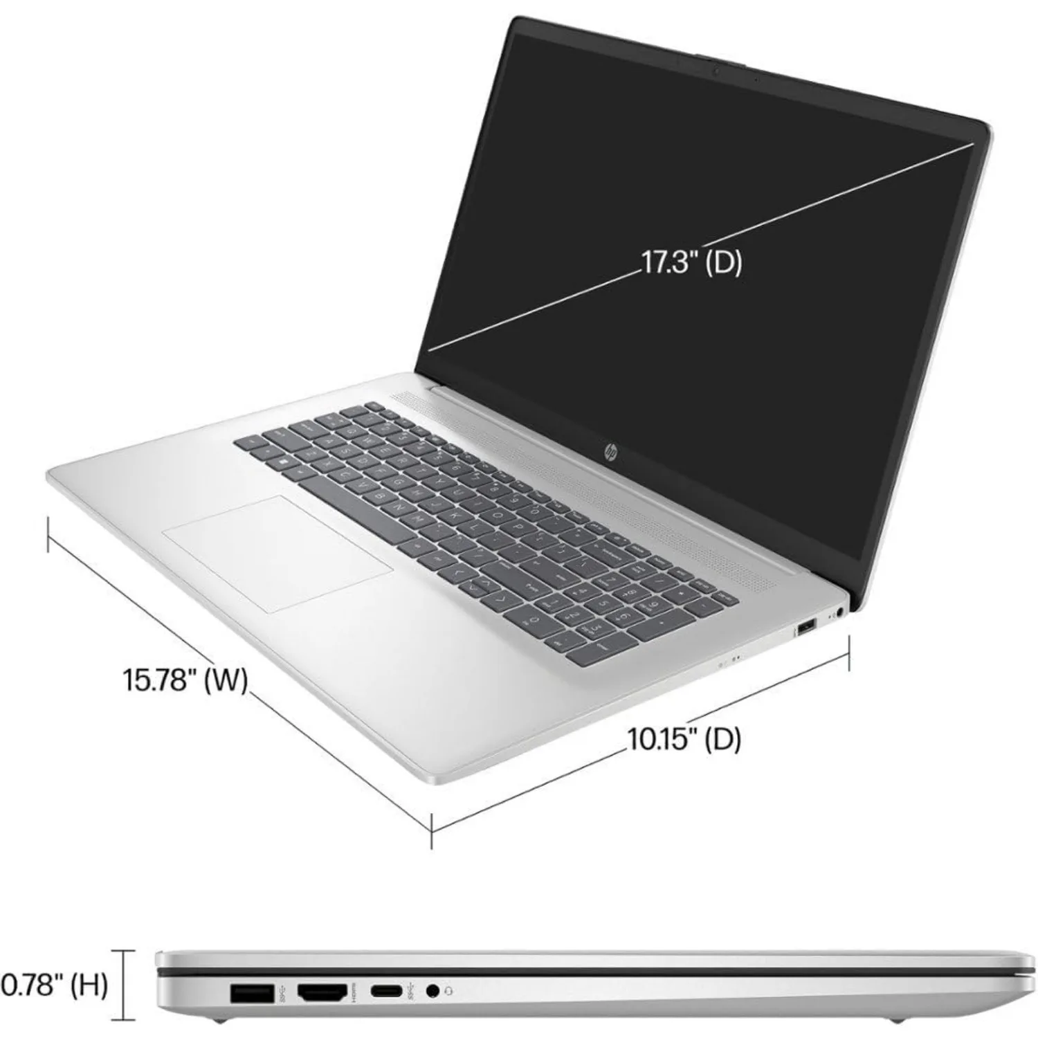 Laptop bisnis HP 17.3 ", i3-1215U Intel Core, RAM 32GB, SSD 2TB, Windows 11 Home, perak, dengan Mouse Gaming