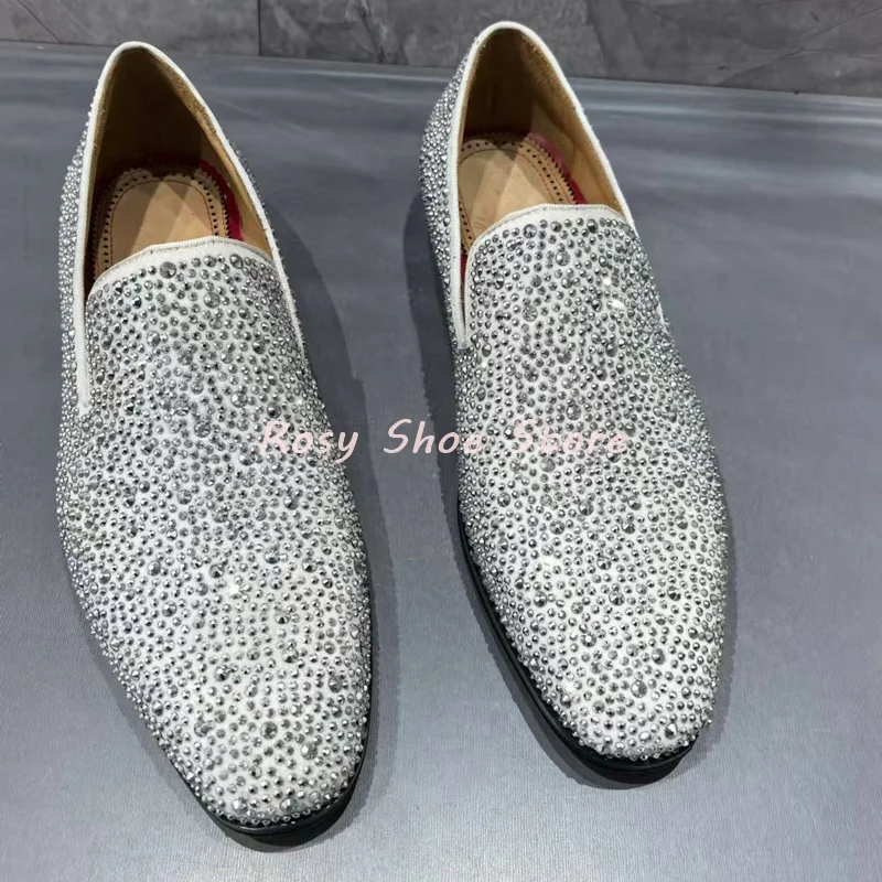 Men's Multicolor Luxury Handmade Diamond Loafers Pointed Toe Leather Rhinestones Slip On Fashion Flat Shoe Versatile Party Shoes