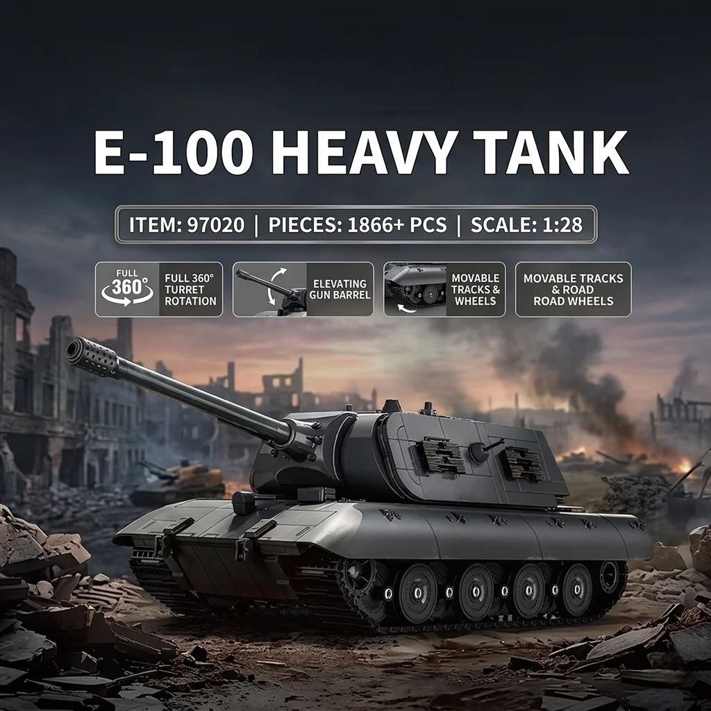 

DIY E-100 Heavy Tank Building Blocks 1866PCS MOC WWII German Maus Turret Panzer Bricks Model Construction Toy Adults Men Gift