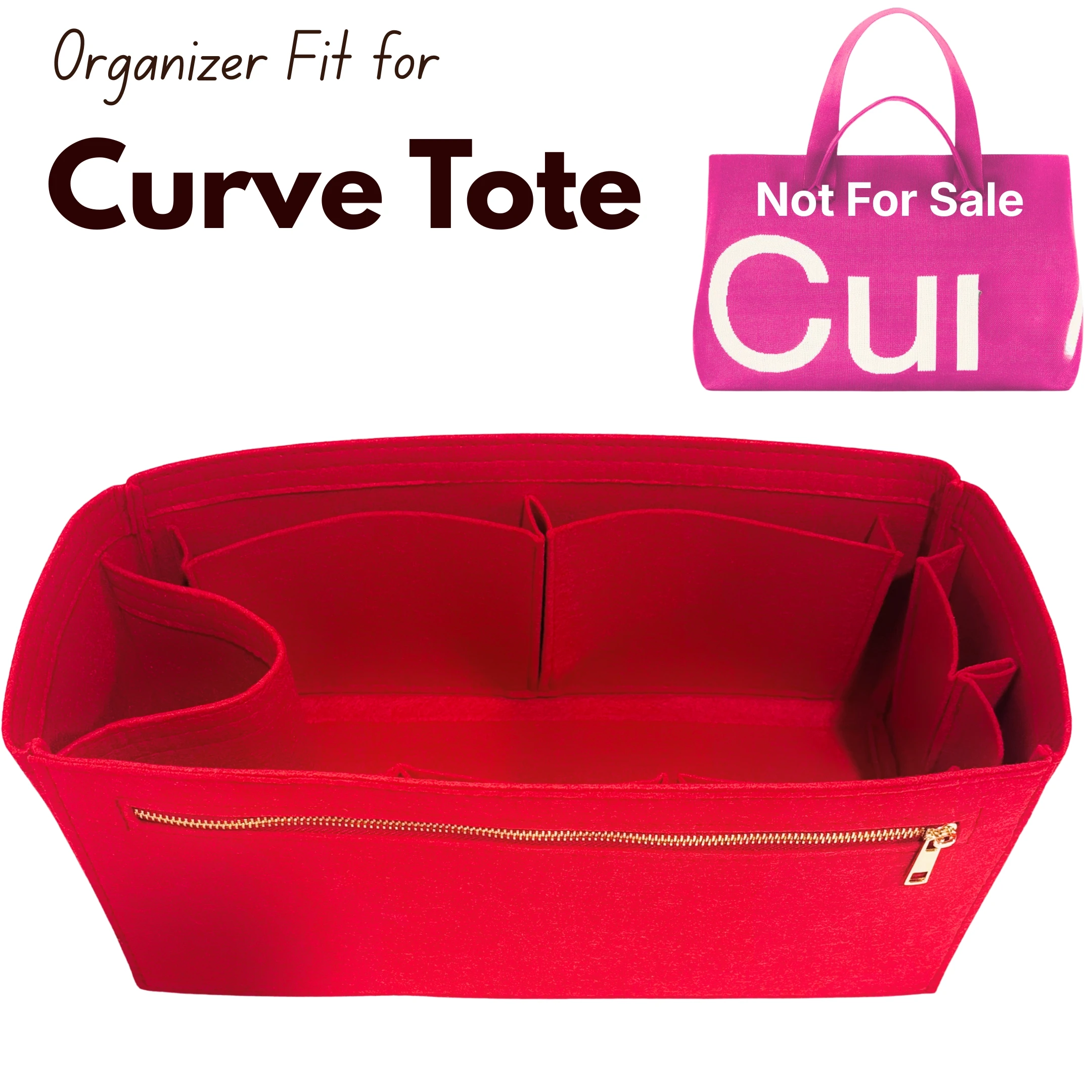 Felt Tote Organizer Insert for Curve Bag, Purse Shaper with Zippered Pocket, Bottle Holder & Storage Compartments