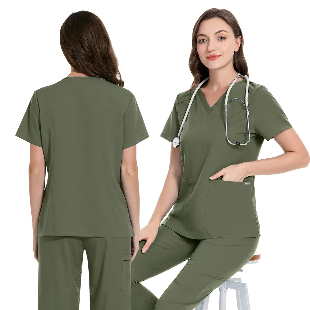 Unisex Workwear Suits Doctor Nursing Uniforms Short Sleeve V-neck Tops Pocket Pants Nurse Scrubs Set Medical Clinical Clothes